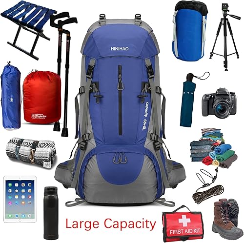 Miniatura 5 de HINIHAO Mochila de senderismo para acampar de 70 litros con cubierta de lluvia, mochila para treeking paquete de viaje al aire libre (70L azul)