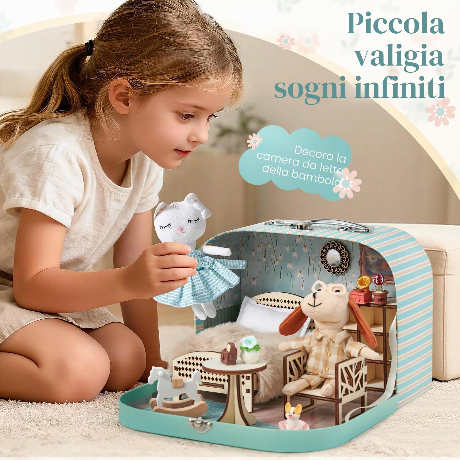 Casa delle Bambole Valigetta Portatile con Accessori, Mini Casa Fai-da-te con Gatto e Cane in Peluche, Mobili in Legno, Gioco di Ruolo, Regalo di Compleanno/Natale per Bambini e Bambine dai 3 Anni