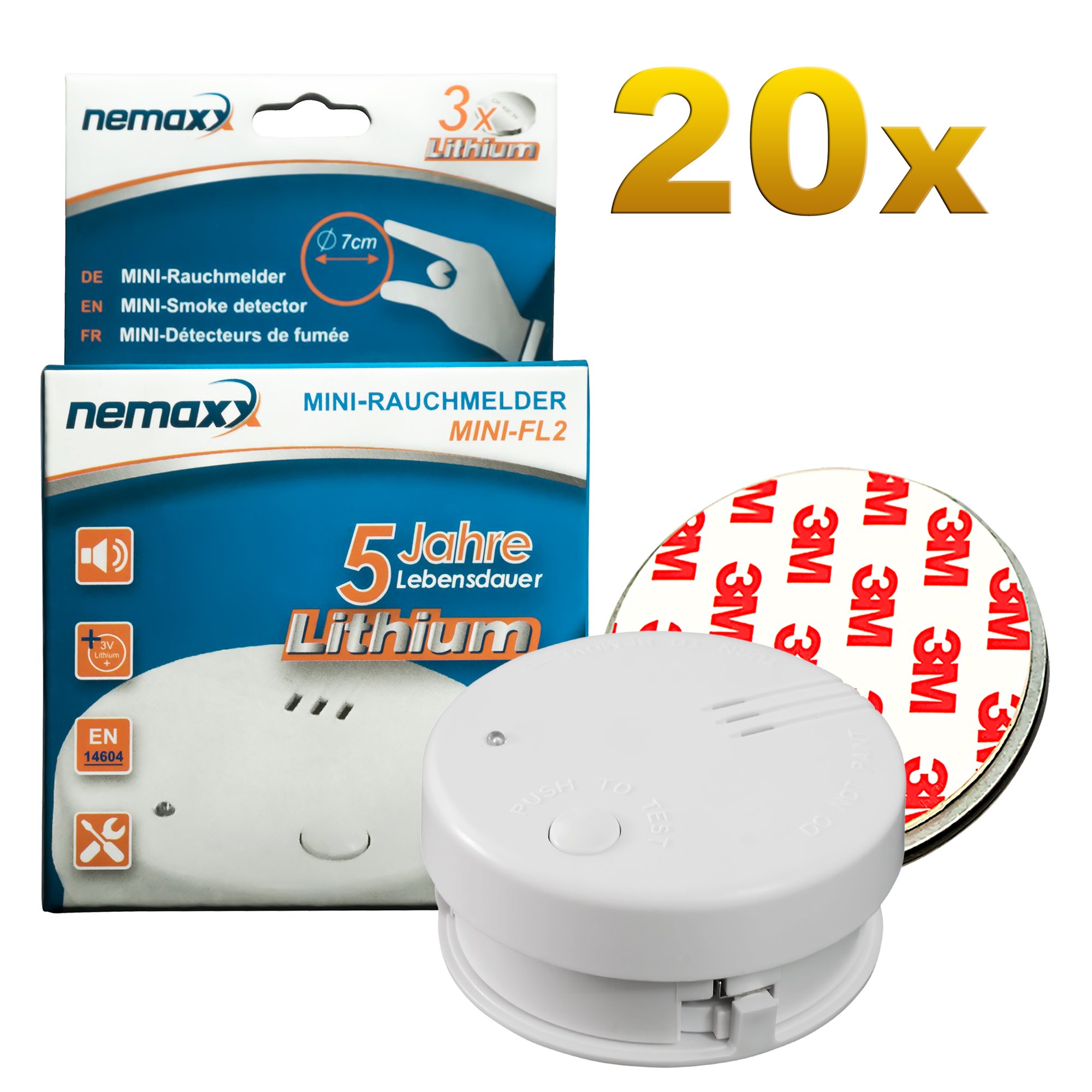20x NEMAXX FL2 Mini Détecteur de fumée de haute qualité, diskret et avec technologie photoélectrique sensible + 20x NEMAXX Support magnétique