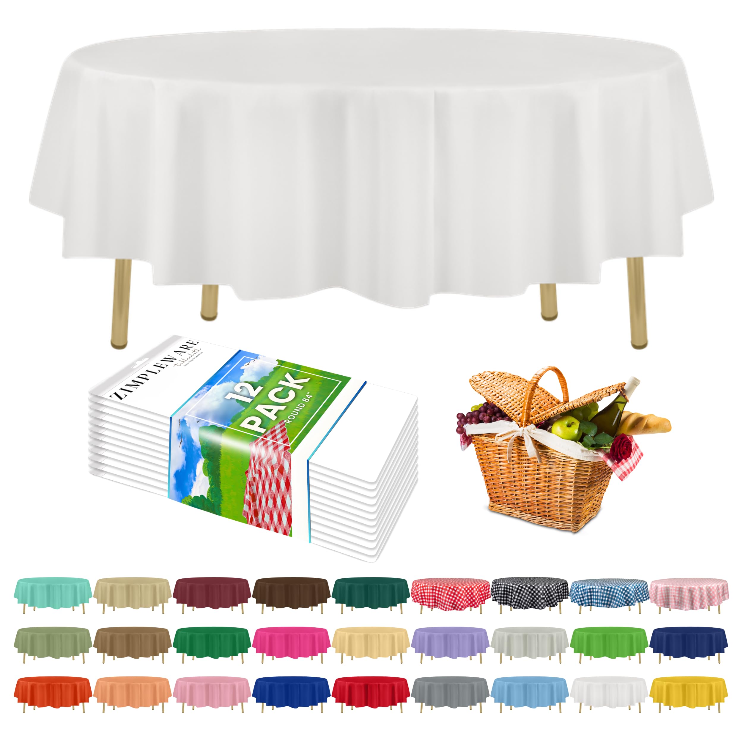 ZIMPLEWARE White 84 Round 12 pack Standard Disposable Plastic Party Tablecloth 84 Inch Round Table Cover By — image 1
