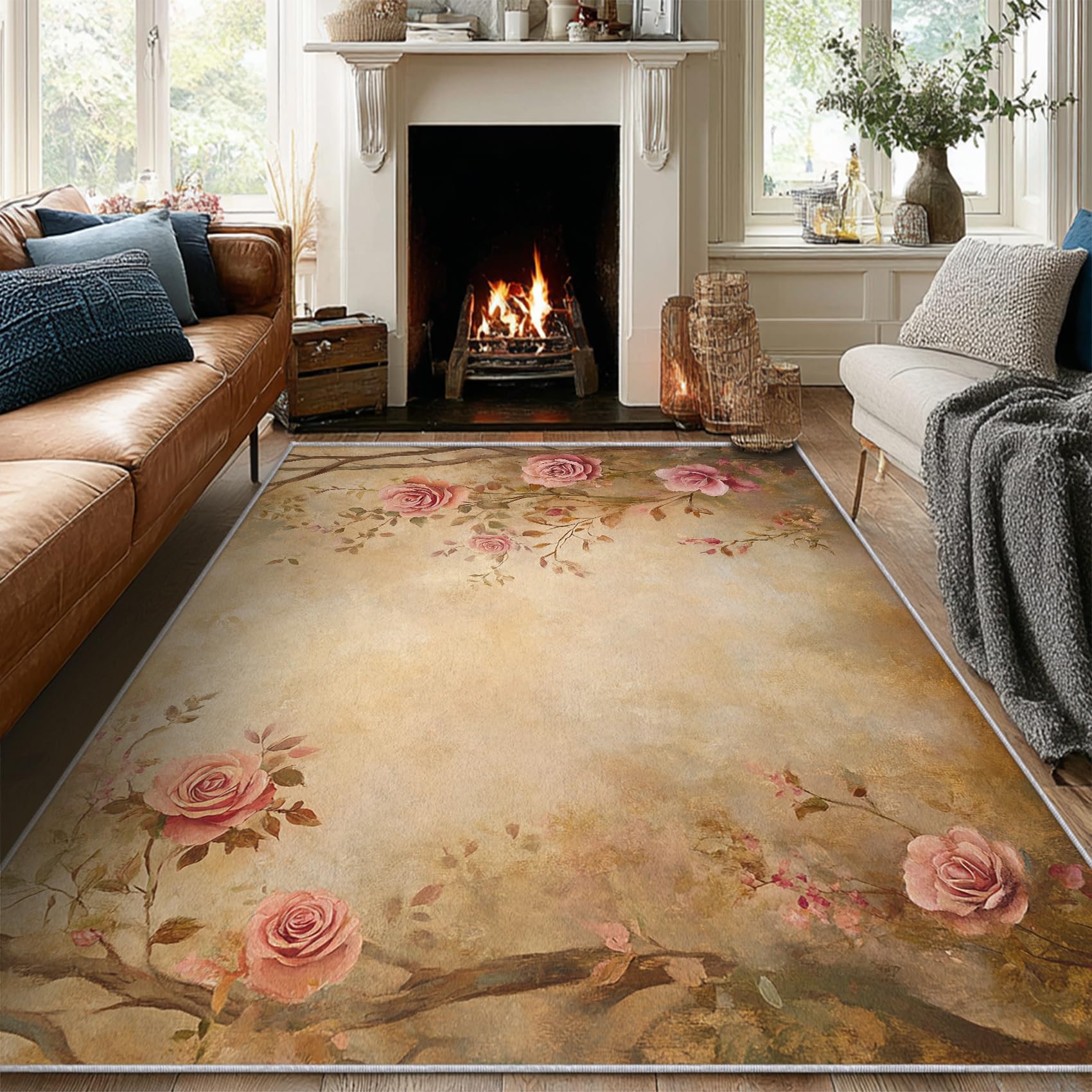 Generisch Teppich Klein Rosa Rosen Blumen 60x90 Deko Schlafzimmer, Vintage Floral Muster Teppich für Küche & Eingangsbereich, Weicher, Waschbar & rutschfest Innen Fußmatte AV213