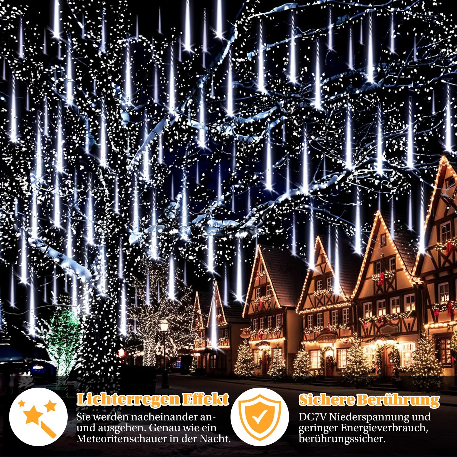 Meteorschauer Lichterkette Außen, 576LEDs 24 Röhren Outdoor Fallende Lichterregen 30cm, IP65 Wasserdicht Weihnachtsbeleuchtung für Balkon Traufe Dach Baum Deko,Weiß(3 Sätzen von 8er-Röhren)