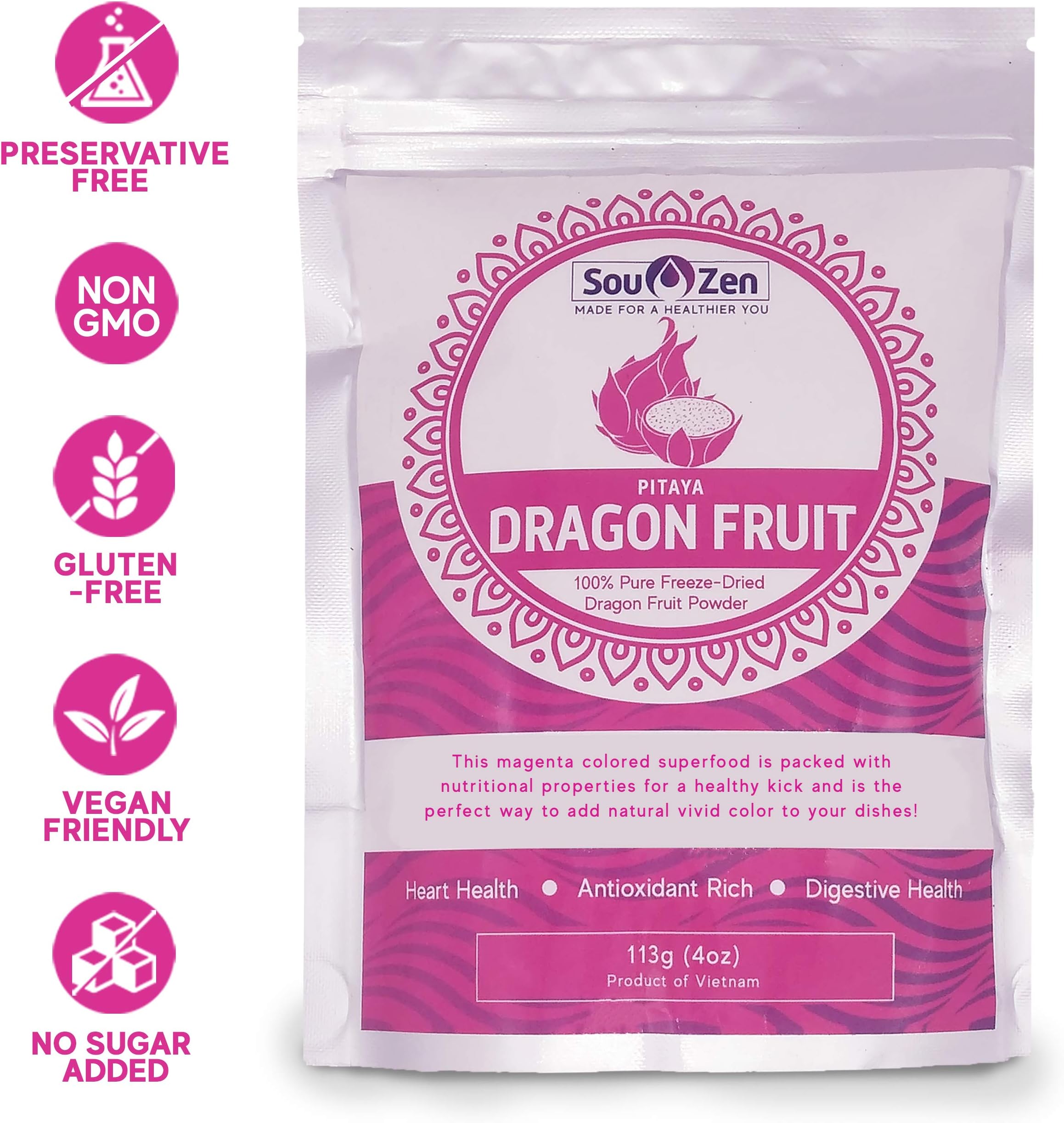 Sou Zen Pitaya Dragon Fruit Powder 4oz (113g) Freeze Dried | All Natural, Magenta Superfood | Promotes Heart and Digestive Health | No Preservatives and Organic | Premium Quality