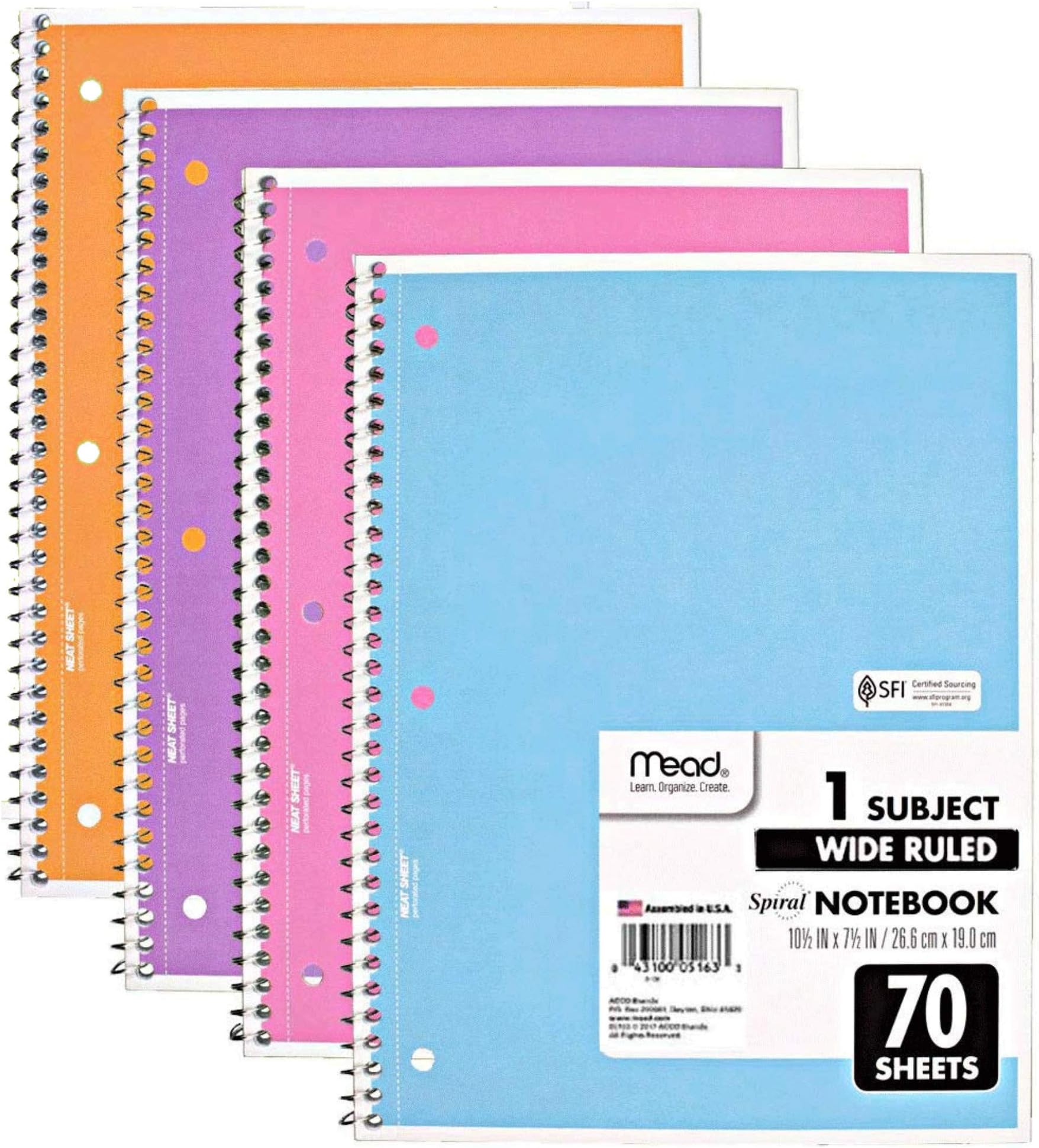 Mead Spiral Notebook, 4 Pack of 1Subject Wide Ruled 70