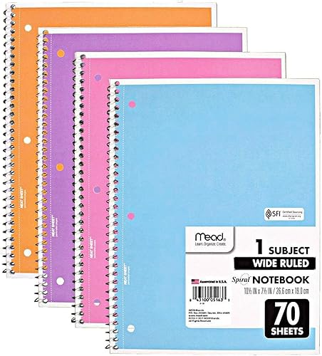 Mead Cuaderno en espiral paquete de 4 unidades de 1 materia de rayas anchas de 70 hojas encuadernadas en espiral colores pastel el color variará