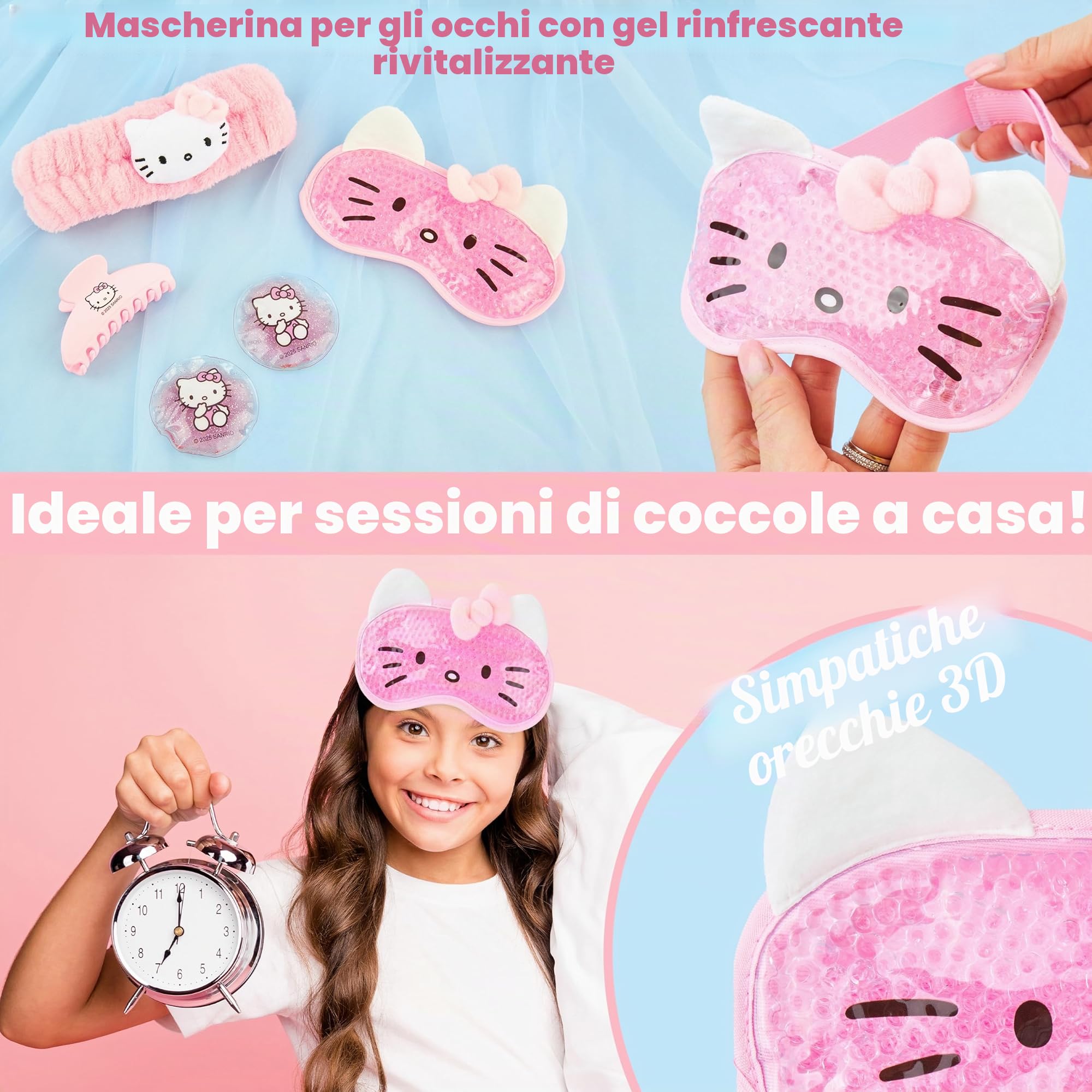 Hello Kitty Sanrio Maschera Occhi Gel Freddo Set Beauty Accessori, Kawaii Fermagli Capelli Fascia Capelli, Coccole Anime Regalo Donna Adolescenti (Rosa Hello Kitty)
