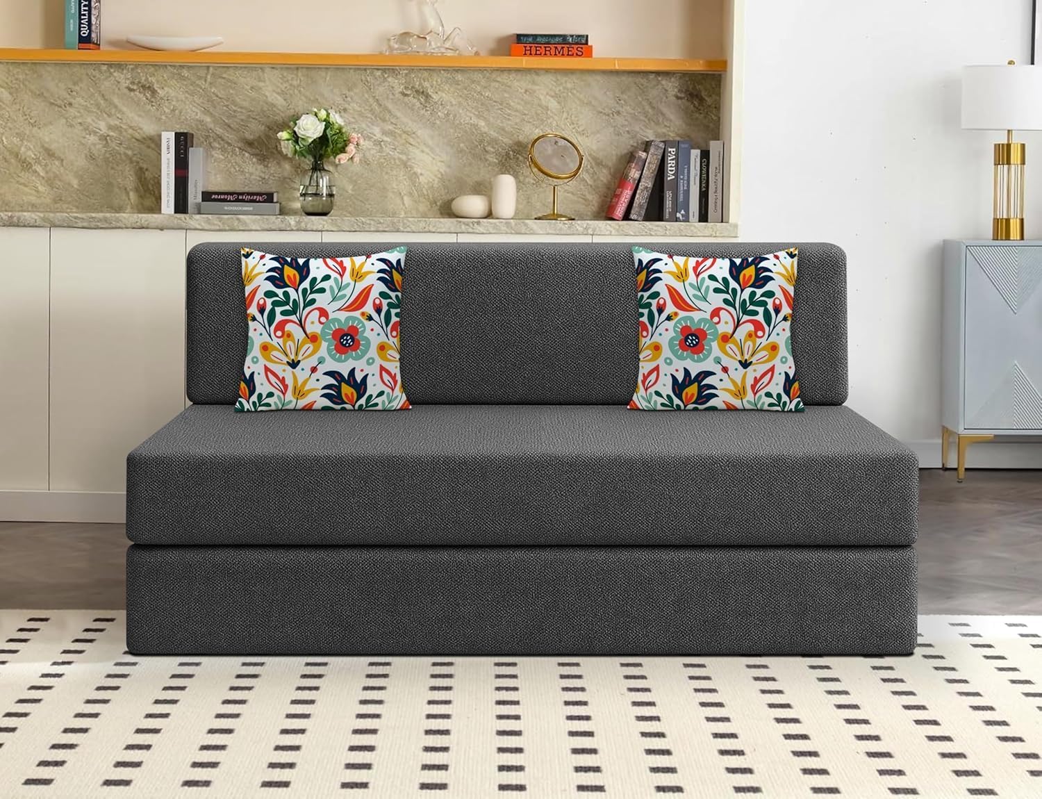 Los Angeles Foldable Two Seater Sofa Cum Bed, Sofa Bed 4 X 6 Ft, Jute Fabric Washable Cover Including Two Cushion Perfect for Living Room & Office Guest Room - Black Color-image-41