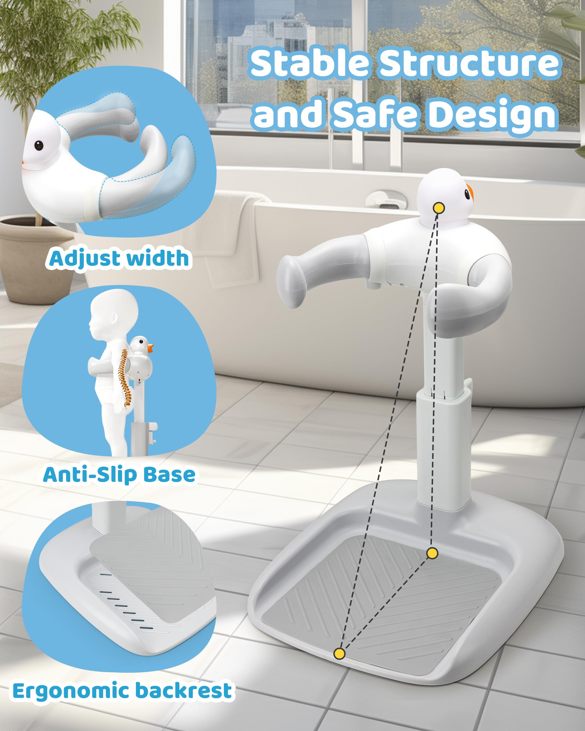 Altura ajustable para la bañera de bebé con asiento: ducha de pie con asiento para niños a partir de 6 meses – Base antideslizante y diseño de pato ayuda a la ducha infantil