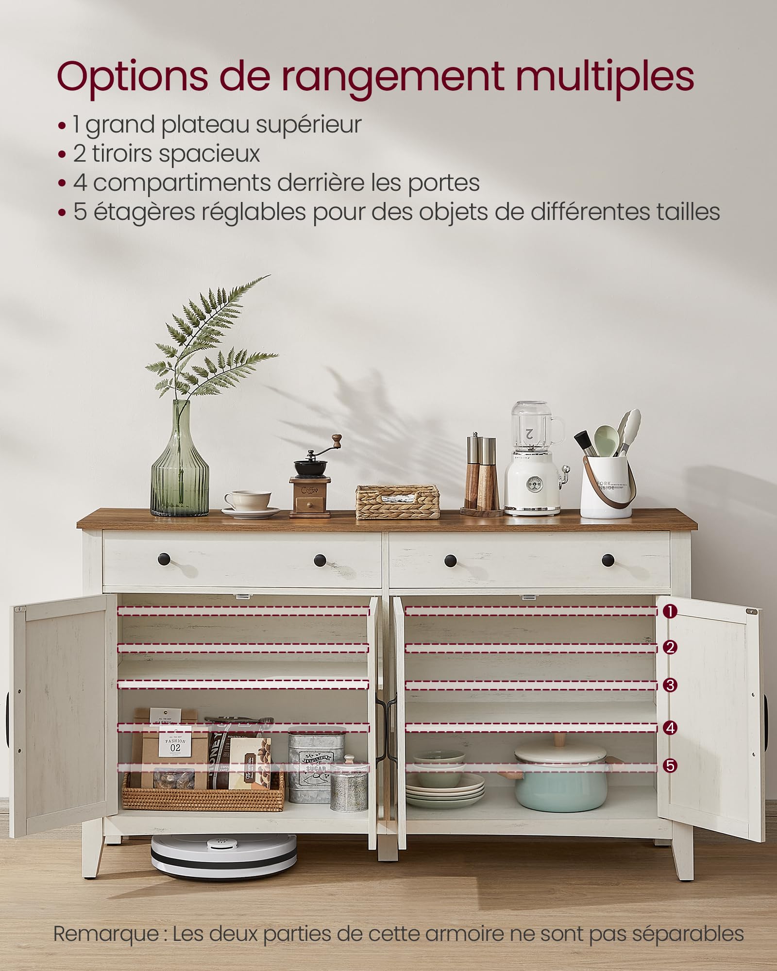 VASAGLE Buffet, Meuble de Rangement avec Tiroir, Meuble de Cuisine, avec Portes, Étagère Réglable, Style Campagne, pour Salon, 40 x 140 x 80 cm, Blanc Rustique et Marron Miel BBK381W02