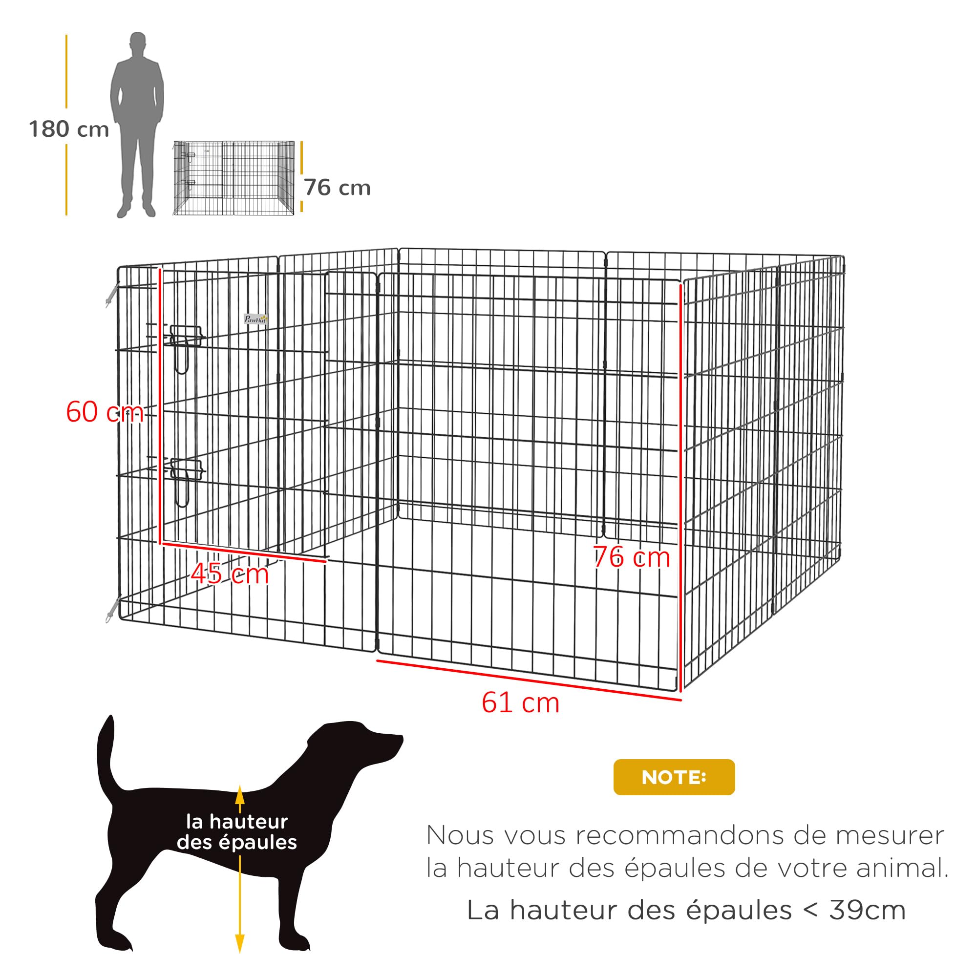 PawHut Parc enclos modulable pour Chiens Lapins rongeurs clôture pour Petits Animaux intérieur et extérieur Pliant 1 Porte verrouillable 8 Panneaux en Fil de métal 61 x 76 cm Noir