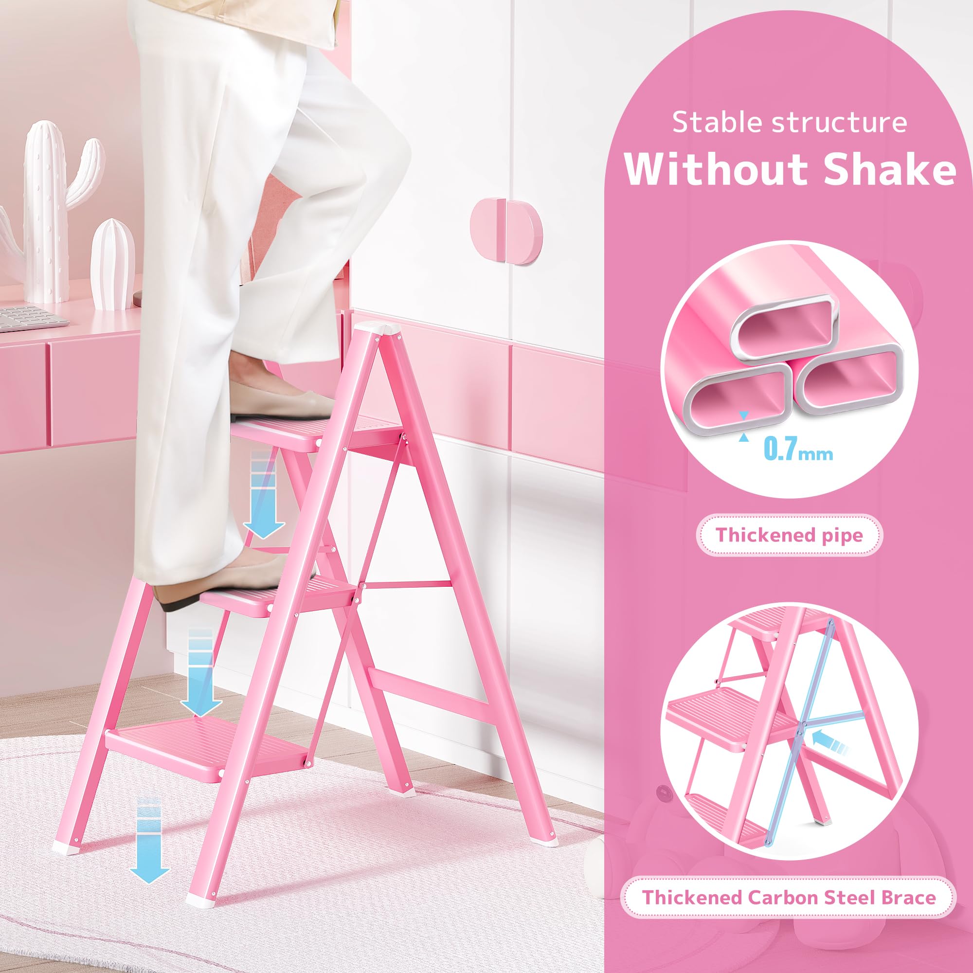 GameGem Pink Step Ladder 3 Step Folding, Small Step Stool for