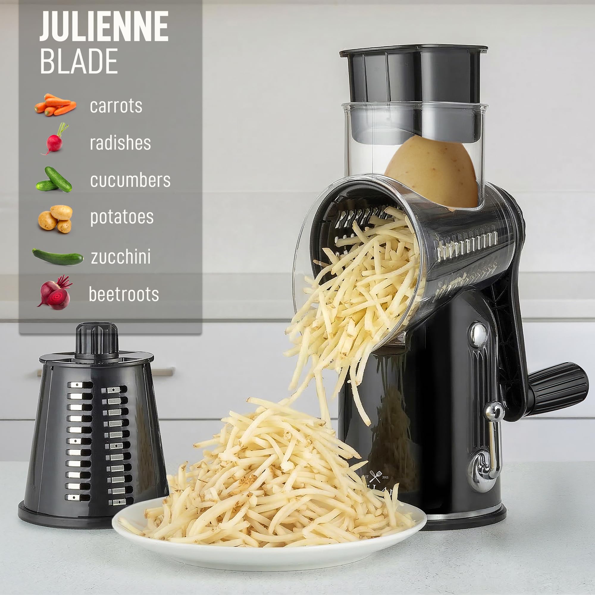Zulay Kitchen Grattugia rotativa per formaggio a 5 lame, con manovella manuale, con aspirazione rinforzata e 5 tamburi intercambiabili, facile da usare, tritaverdure rotondo a mandolina