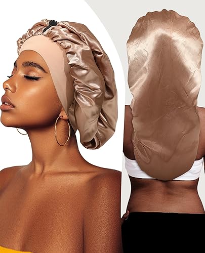 Miniatura 3 de AWAYTR Gorro largo de satén para mujer, gorro de seda de 2 capas para trenzas, gorro de dormir elástico con gorro de noche de banda ancha (negro)