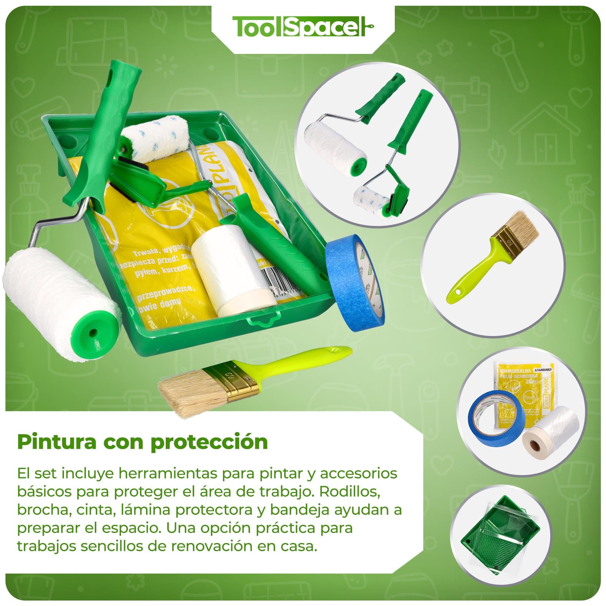 ToolSpace set de pintor 9 piezas rodillo de pintura para pintar techos paredes - rodillo y mango rodillo de recorte brocha bandeja de pintura