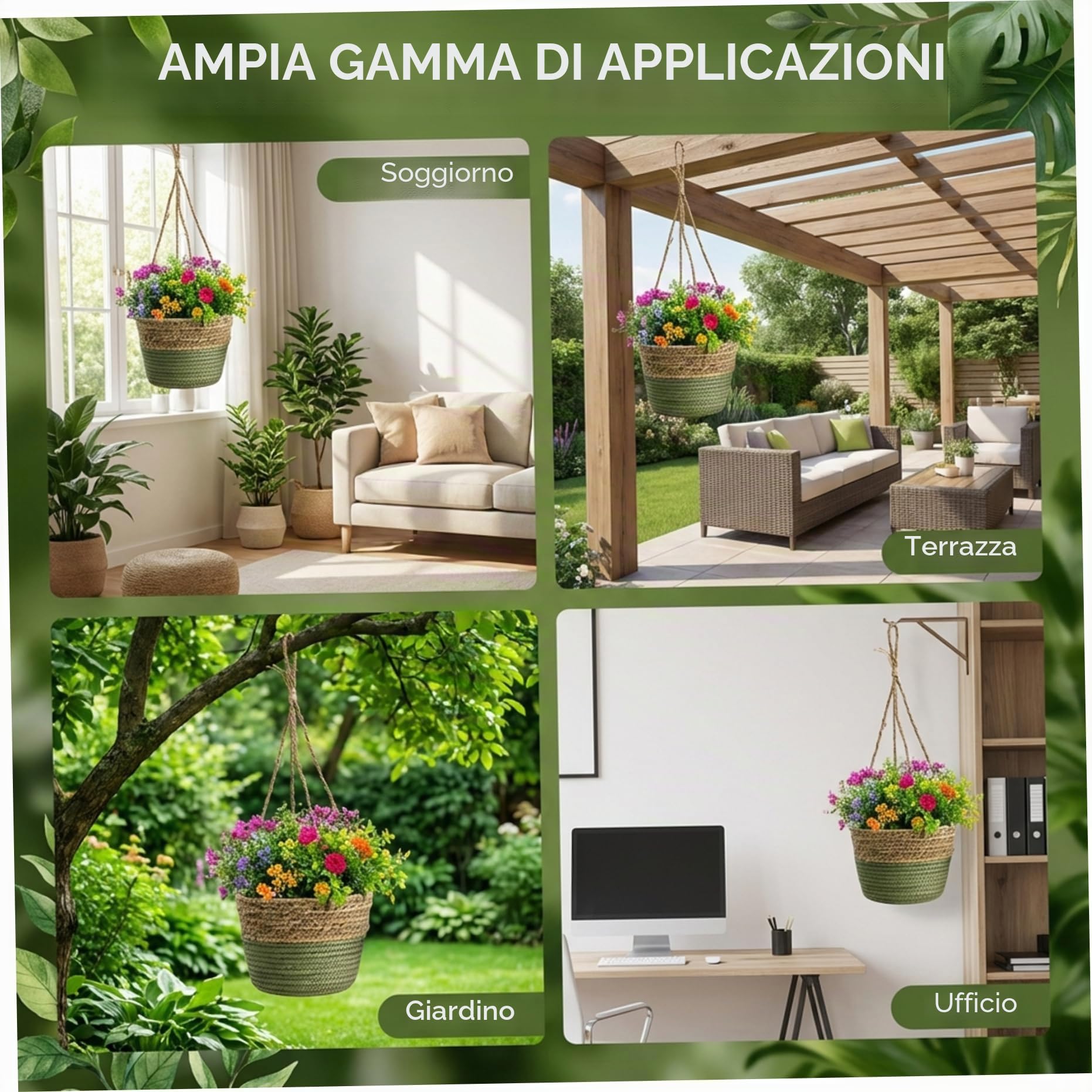 Confezione da 2 cestini sospesi Fioriera sospesa per interni in marina naturale con gancio in rattan intrecciato a mano per decorazioni per la casa Boho, esposizione di piante per giardino