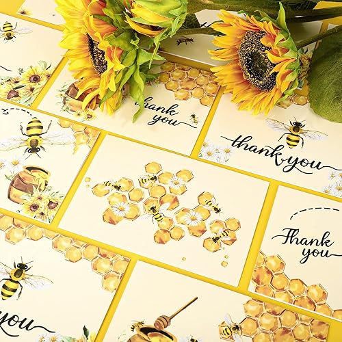 Miniatura 7 de AnyDesign Tarjetas de agradecimiento de abeja, paquete de 36 notas de agradecimiento con calcomanías de sello a juego, sobres amarillos, tarjeta de
