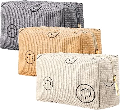 Photect 3 Pcs Cute Corduroy Pencil Pouch Smile Face Makeup Cosmetic Bag Emergency Kit Bags Toiletry Travel Organizer Christmas Women Holiday GiftsClassic,White, Gray, Yellow
