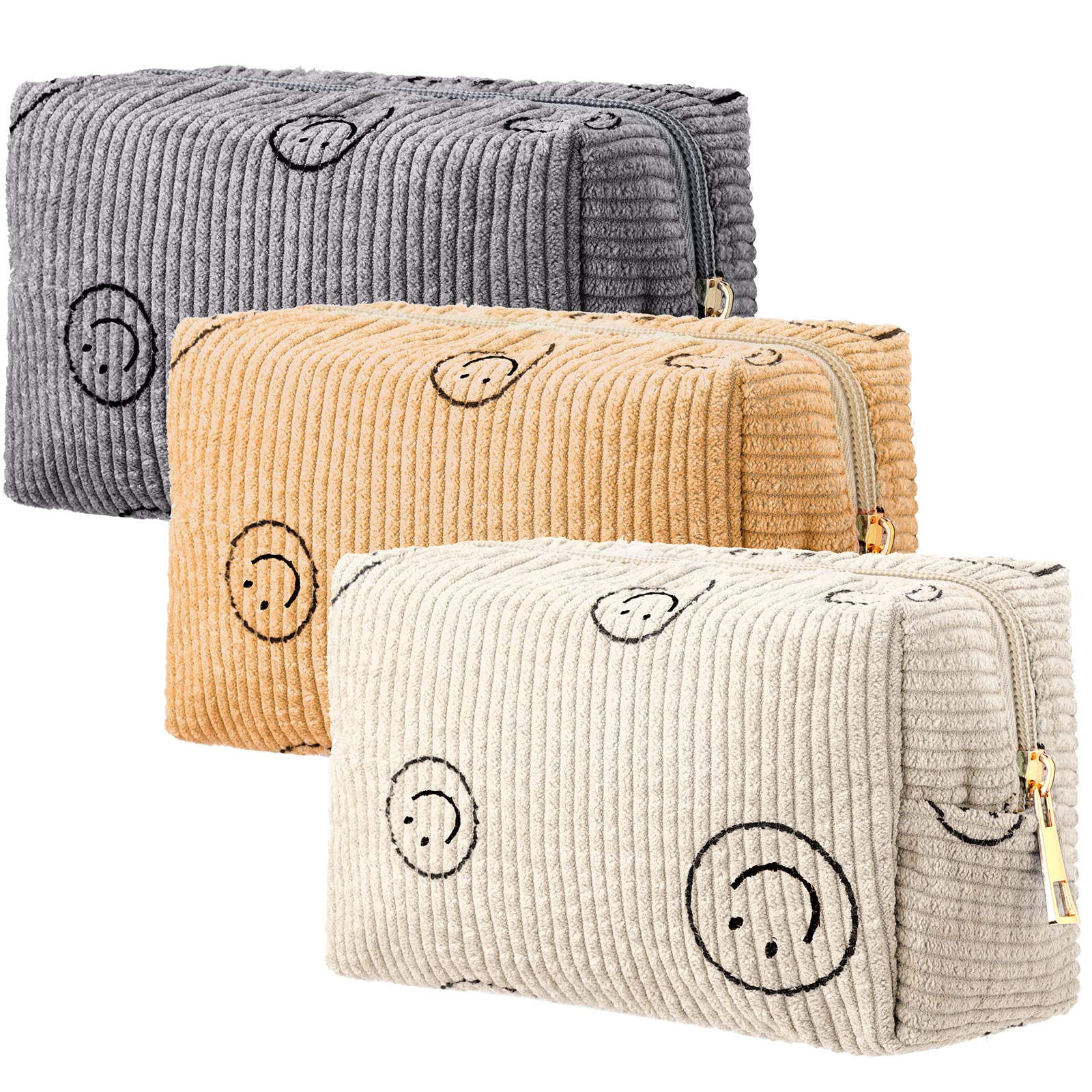 3 Pcs Corduroy Cosmetic Bag Smile Face Aesthetic Preppy Makeup Bag Corduroy Toiletry Aesthetic Pouch Travel Smile Bags for Women Purse Corduroy Makeup Organizer (White, Gray, Yellow, Stylish)