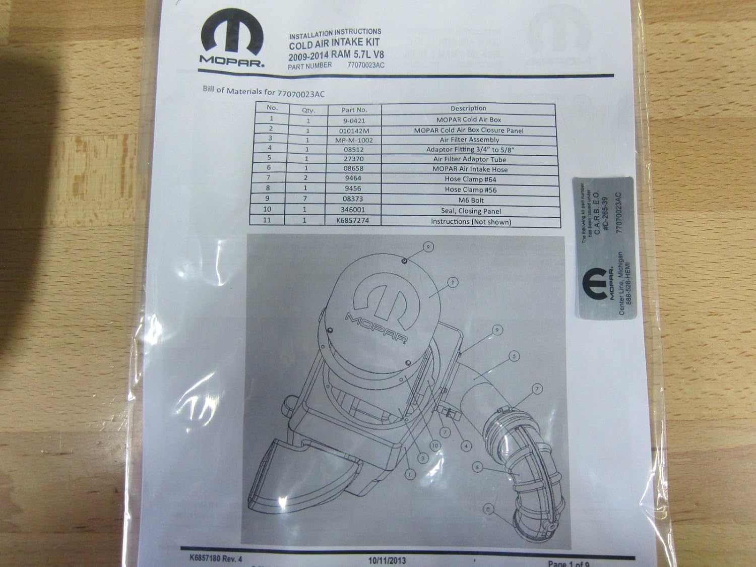 Dodge Ram 5.7 Liter HEMI Cold Air Intake CAI System Mopar OEM
