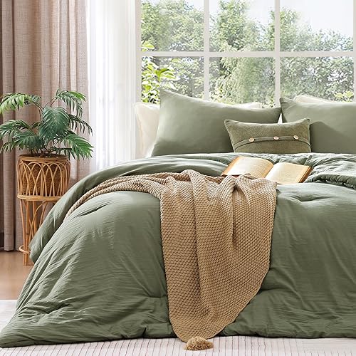 Miniatura 27 de WRENSONGE Juego de edredón Queen – Edredón de 3 piezas prelavado verde oliva, suave y ligero para todas las estaciones, edredón alternativo de 01-