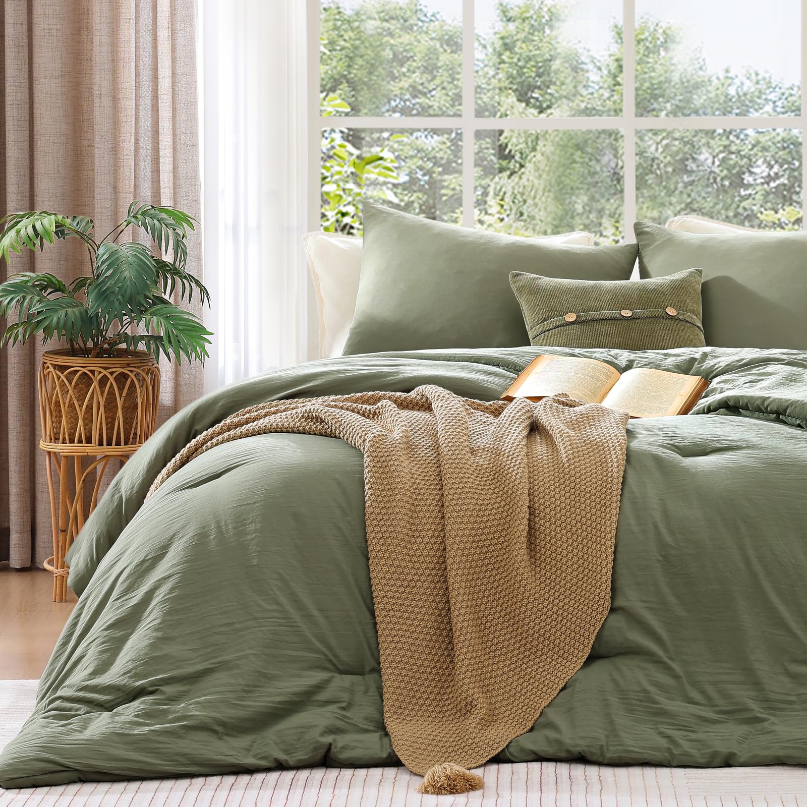 queen comforter set-3 pieces soft sage green comforters queen size bedding | all seasons prewashed cozy down alternative lightweight comforter sets with 2 pillow shams