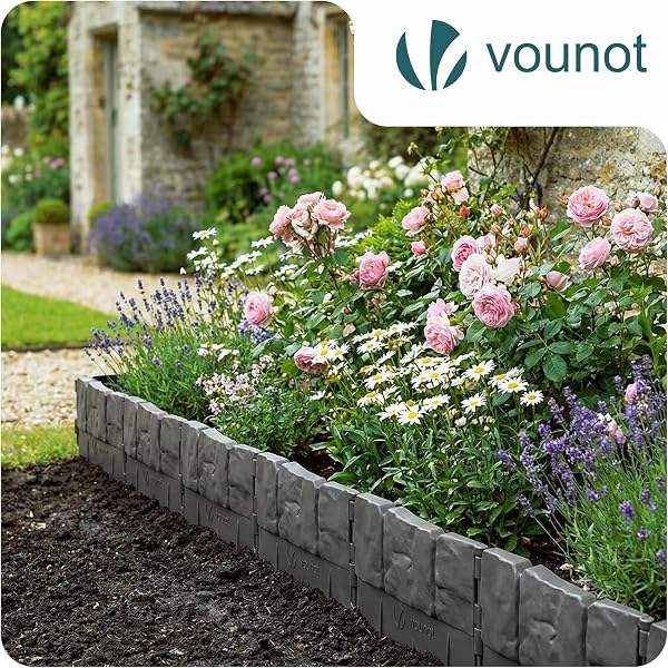 VOUNOT® Bordura per Aiuola Effetto Pietra 5,35m in Plastica Ultra Resistente, Senza Scavo, Bordo Giardino Decorativa Facile da Installare, per Vialetti, Aiuole e Prati, Set da 35 Pezzi, Grigio - 2