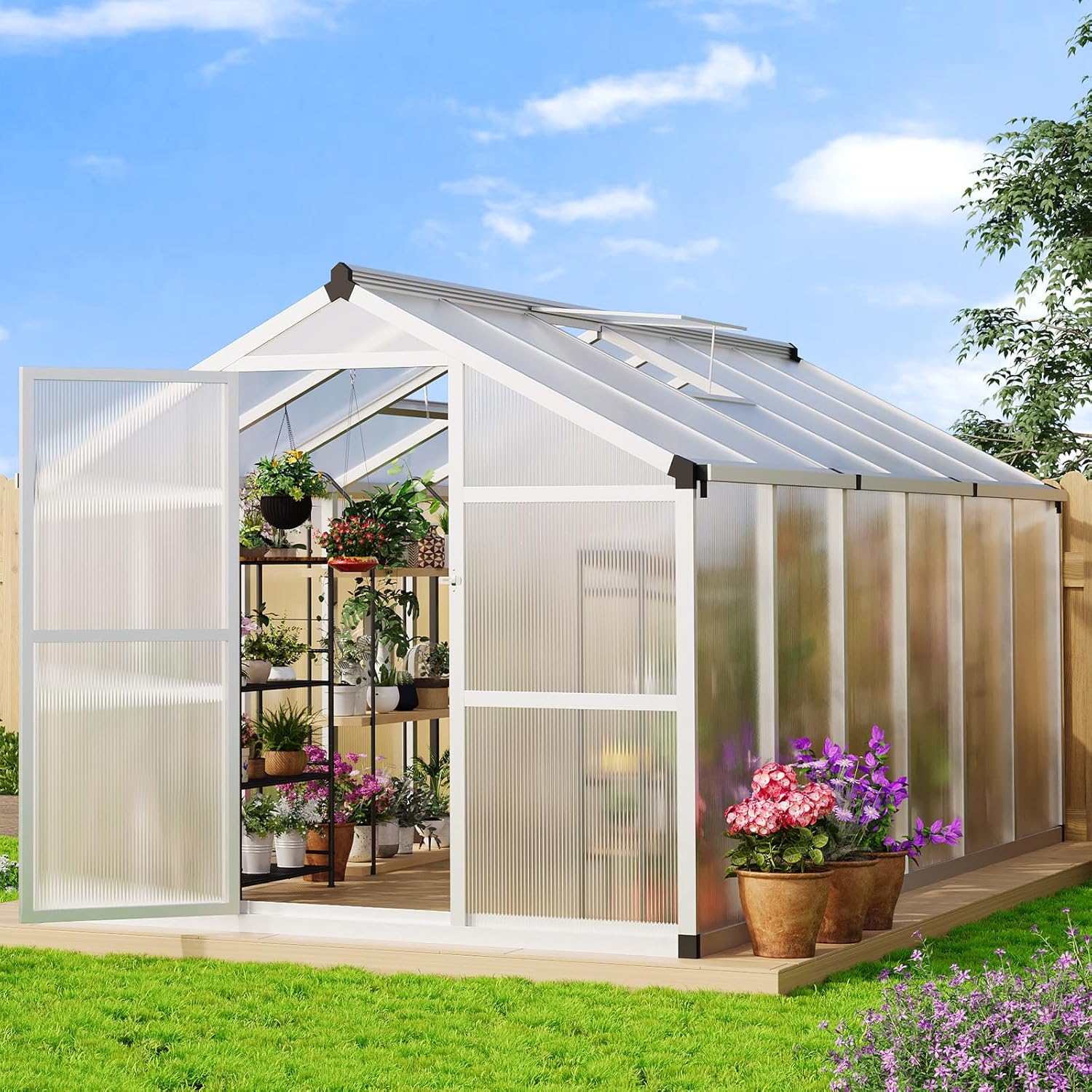 MilleLoom 8x12 ft Walk-in Greenhouse: Durable Aluminum Frame, 4mm PC Panels, Adjustable Vents & Lockable Door for Backyard Gardening