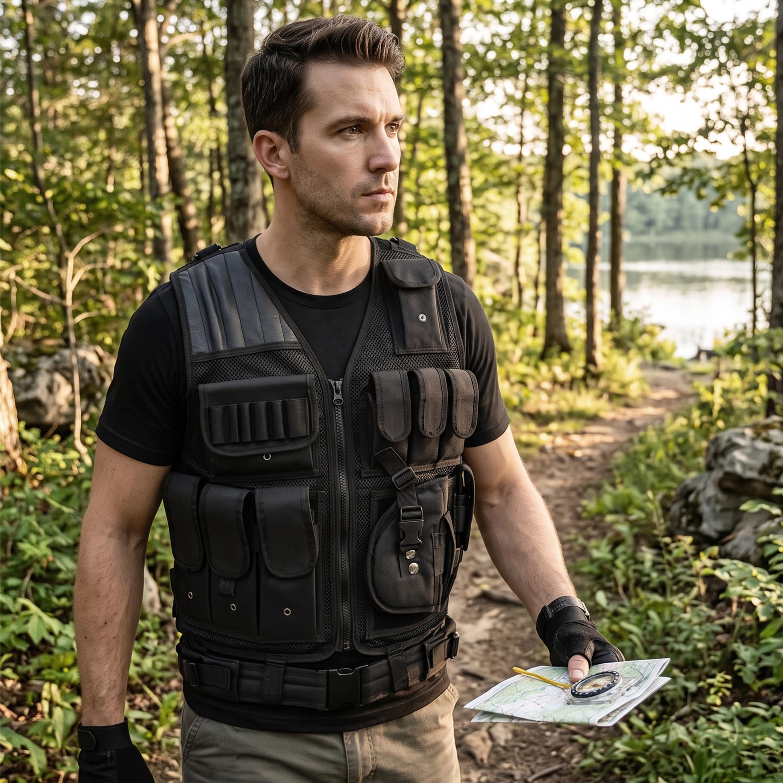 2Stück Taktische Weste Herren mit Taschen, Verstellbarem Hüftgurt | Atmungsaktiv und Strapazierfähig Tactical Weste für Outdoor, Angeln, Camping(Schwarz)