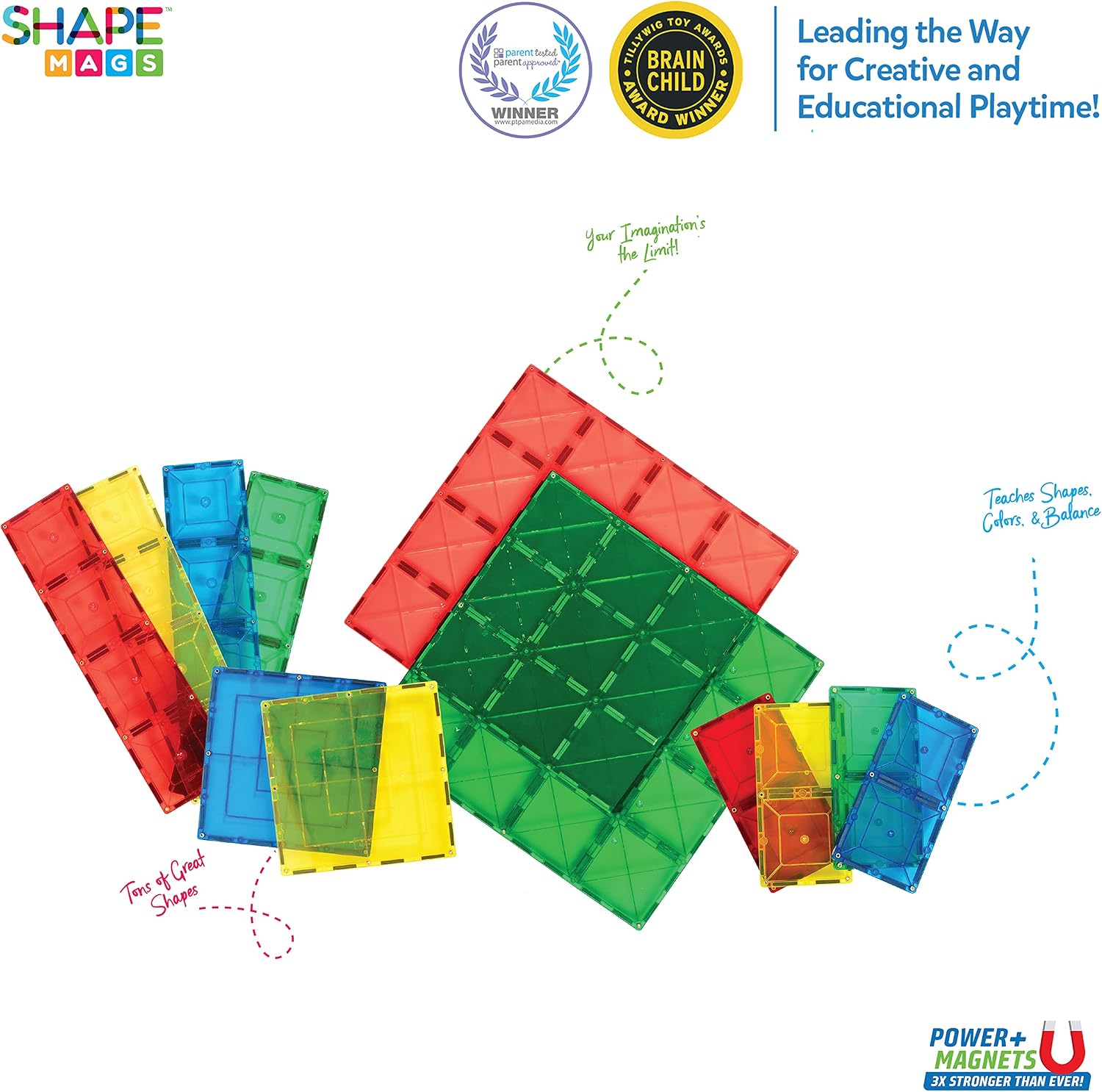 Shapemags 12 Pcs Set Magnet Building Tiles Magnetic Blocks - Mega Stabilizer Building Kit, Award Winning STEM Educational 3D Construction Blocks Set