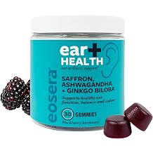 Eosera Ear+ Health Gummies - Ear Health Support Supplement with Saffron, Ginkgo Biloba, Ashwagandha, Vitamin B12 & Acetyl-L-Carnitine | BlackBerry Acai Flavor | Non-GMO | 30 Count