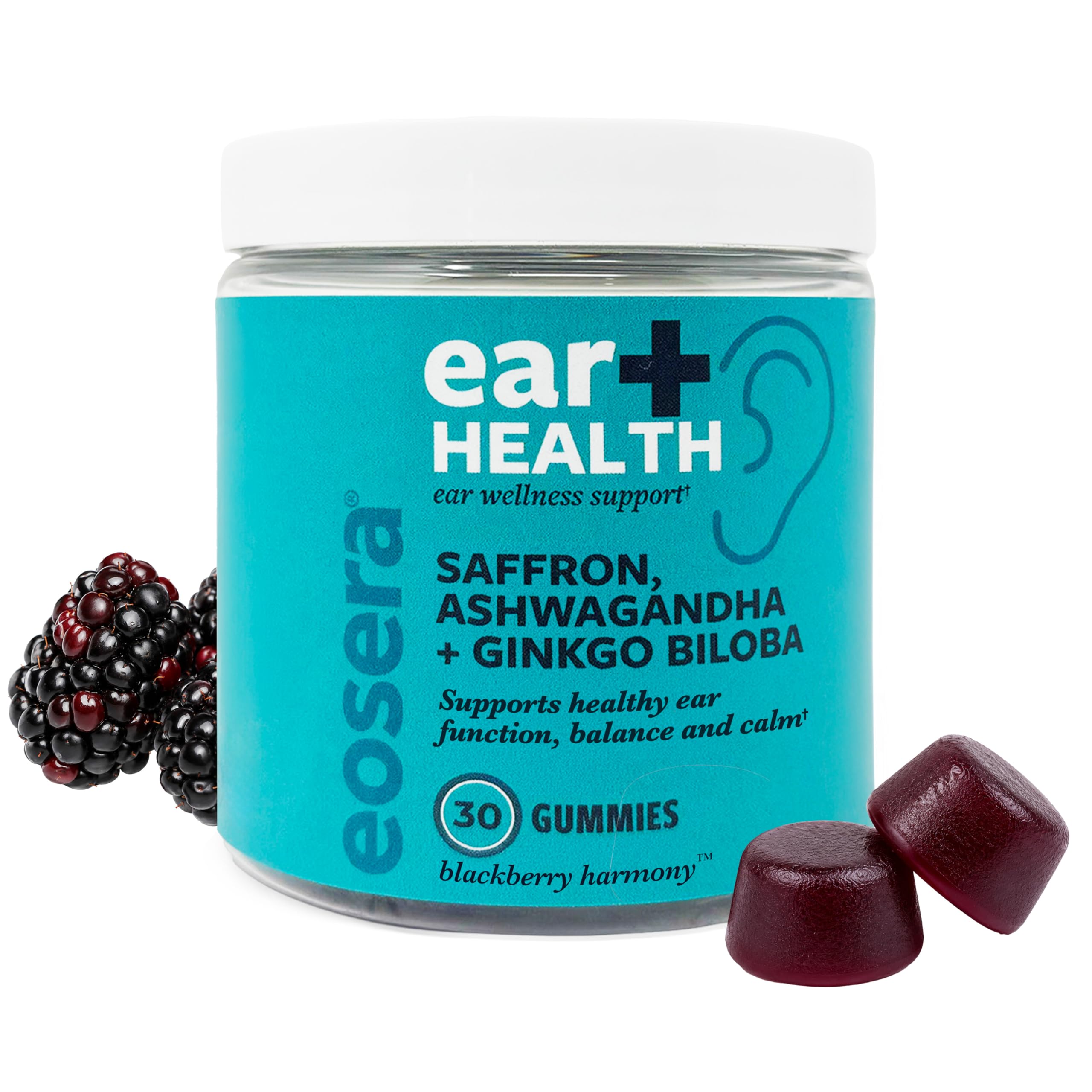 Eosera Ear+ Health Gummies - Ear Health Support Supplement with Saffron, Ginkgo Biloba, Ashwagandha, Vitamin B12 & Acetyl-L-Carnitine | BlackBerry Acai Flavor | Non-GMO | 30 Count 1 Count (Pack of 30)