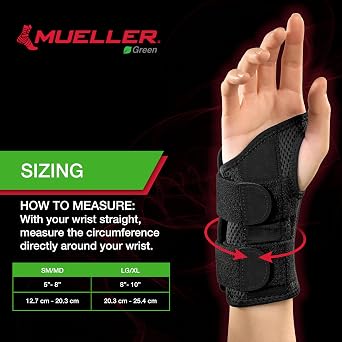 MUELLER Sports Medicine Green Fitted Wrist Brace for Men and Women, Wrist Pain Relief Support, Ideal for Carpal Tunnel, Tendonitis, Arthritis, Right Hand, Black, Small/Medium