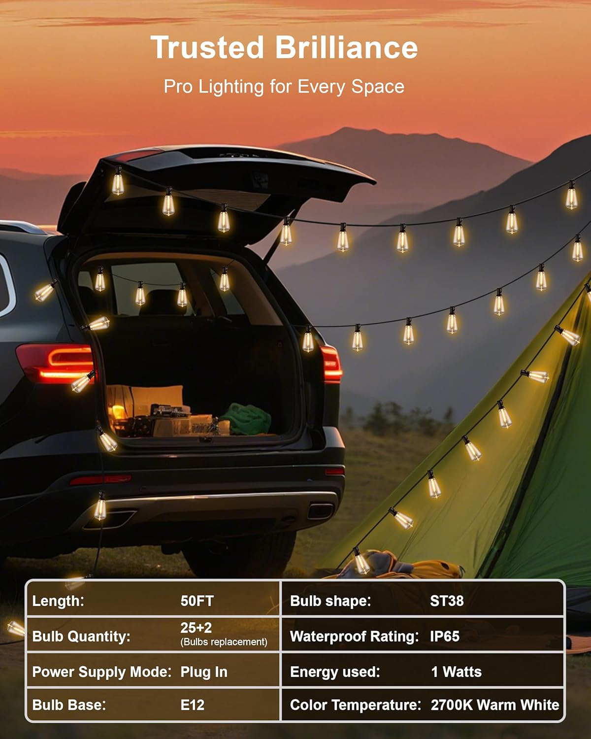 Patio String Lights Plug in 50FT LED Outdoor String Lights with IP65 Waterproof 27 Bulbs, Connectable Dimmable Edison ST38 Outside Lights for Garden, Yard, Porch, Backyard, Deck, Home Decor