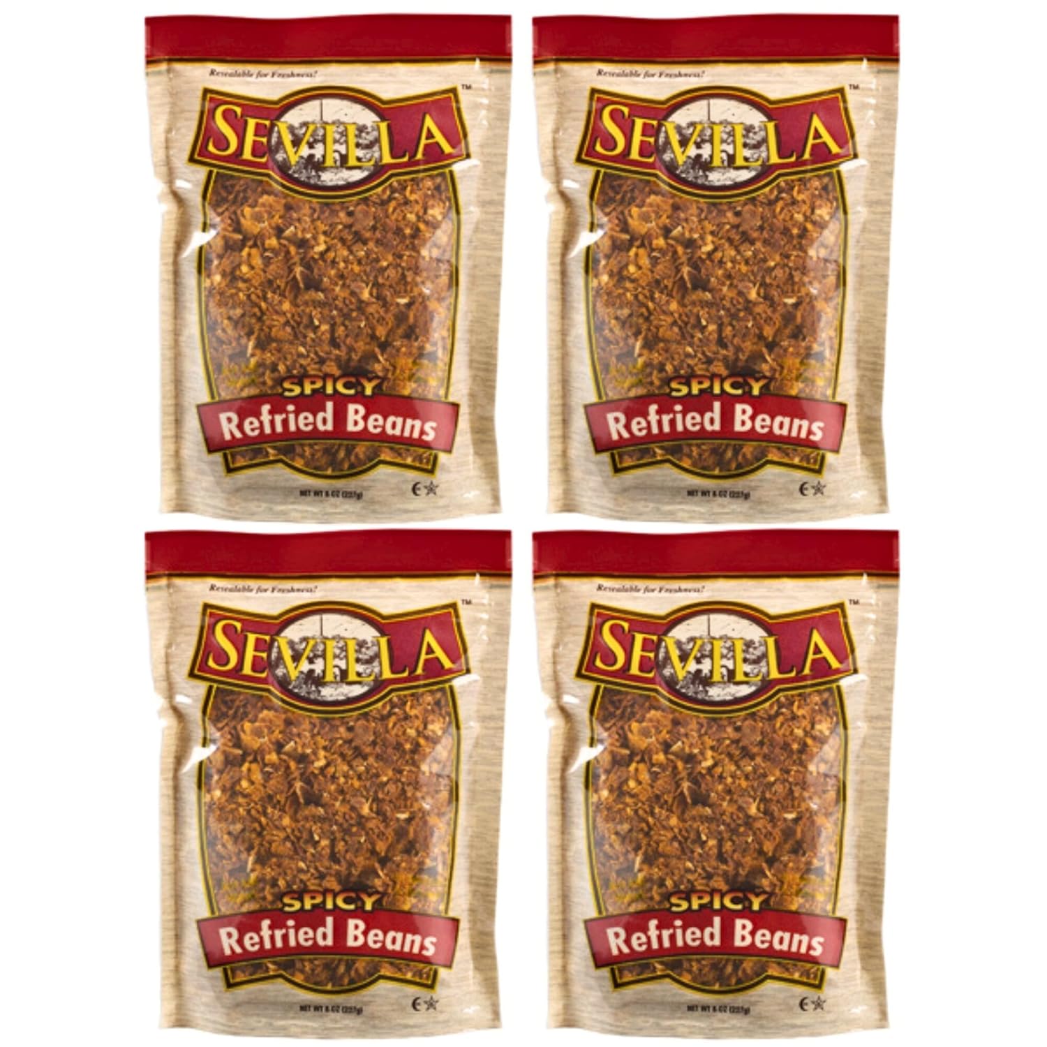Sevilla Dehydrated Spicy Refried Beans 8oz 4-Pack - Fast 5-Min Rehydration, Vegan, No Cholesterol, Just Add Water