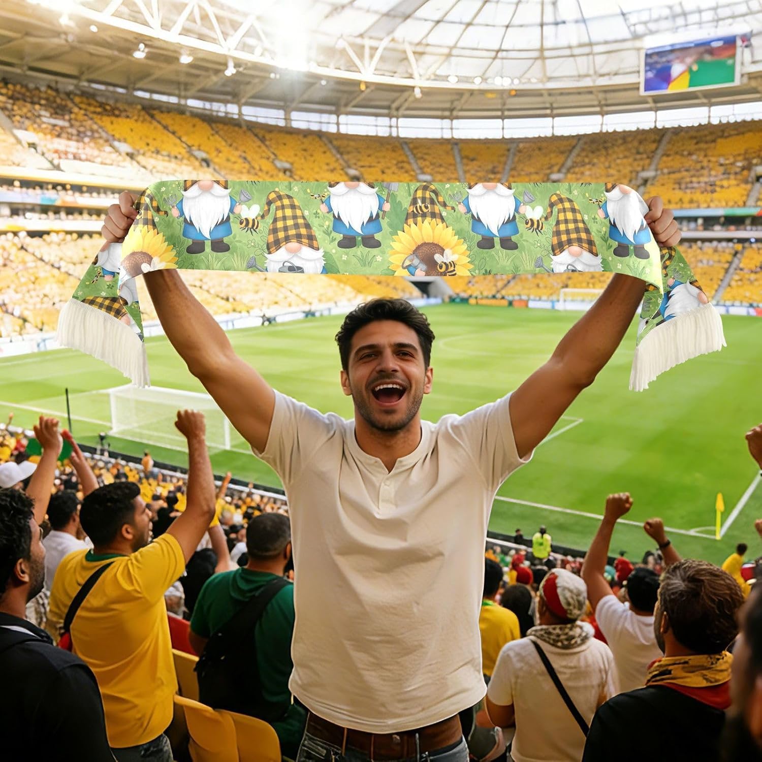 CHIFIGNO Cute Garden Gnome Sunflower Sports Fan Scarf Towel, Soft Polyester Cheering Scarf for Soccer Games, Quick Dry Sweat Absorbent Rally Towel