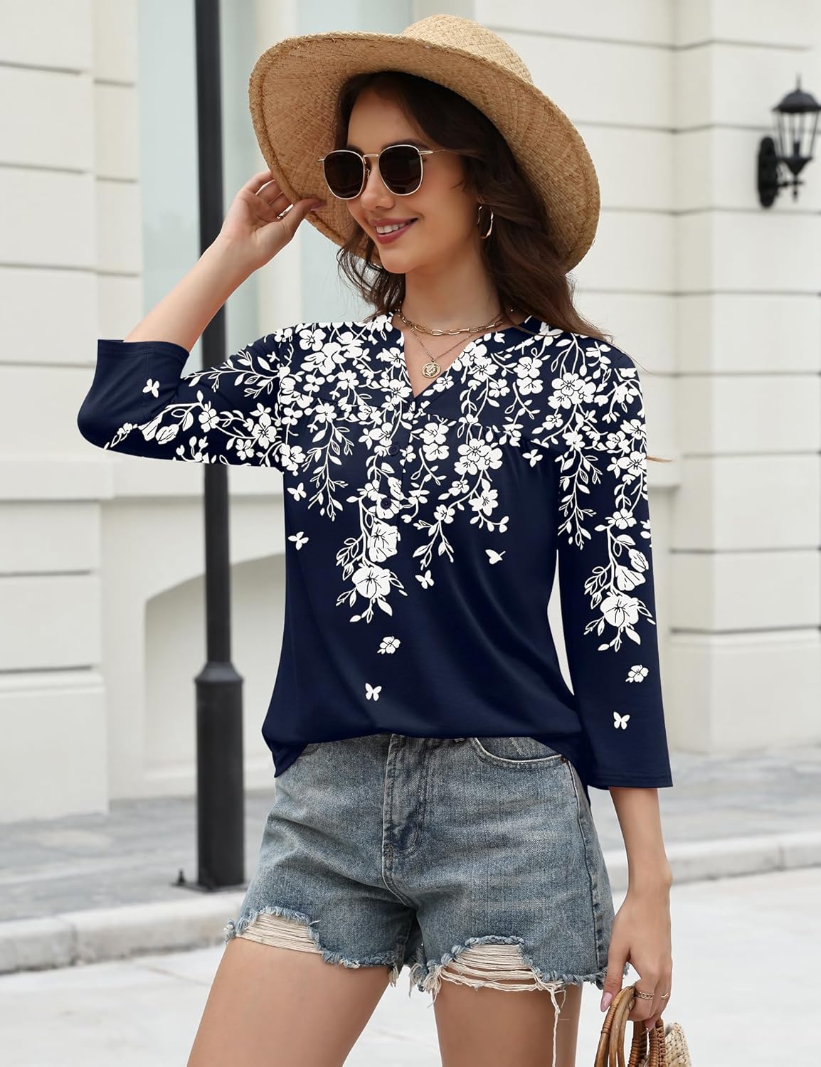 LOMON Womens Tops 3/4 Sleeve Botton Down Shirts Casual V Neck Tunic Blouses Pleated Fashion Summer Tees 2026 Trendy S-3XL - Image 3