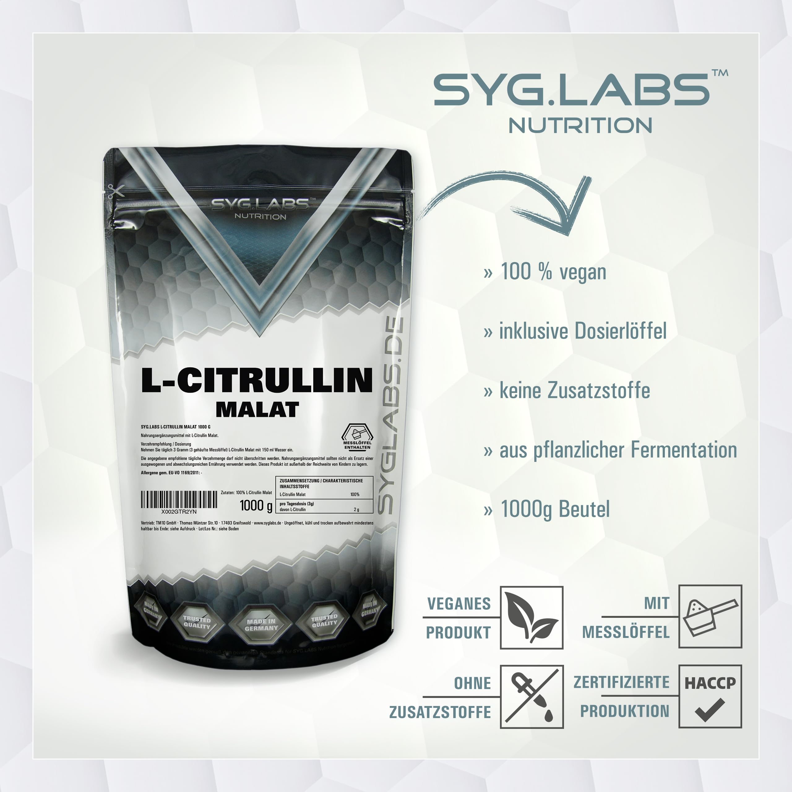 L-Citrullin Malat 2:1 1000g, optimale Löslichkeit - vegan und ohne Zusätze - Aminosäure Citrullin