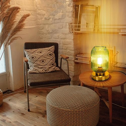 Miniatura 4 de Lámpara de mesa moderna de mediados de siglo, control táctil y regulable de 3 vías, cristal verde, dorado pequeño, lámpara de noche vintage para