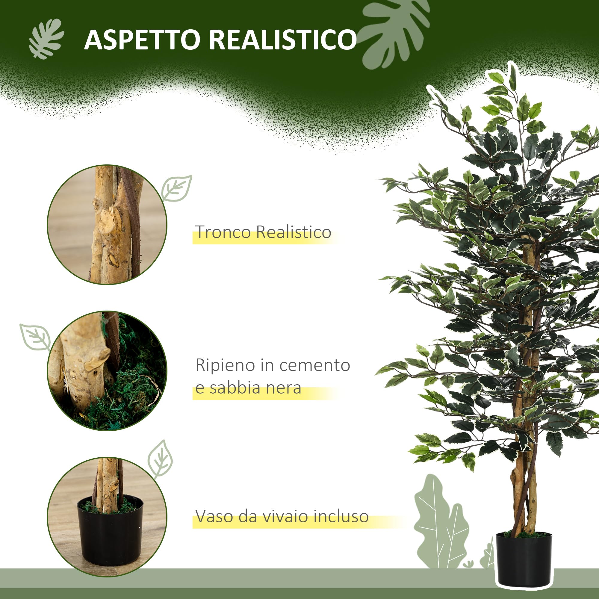 HOMCOM Pianta Artificiale di Fico Finta 130 cm 702 Foglie Verde/Bianco | 3 Tronchi, Vaso Ø15x12.5 cm, Interno, Ufficio, Soggiorno, Camera da Letto