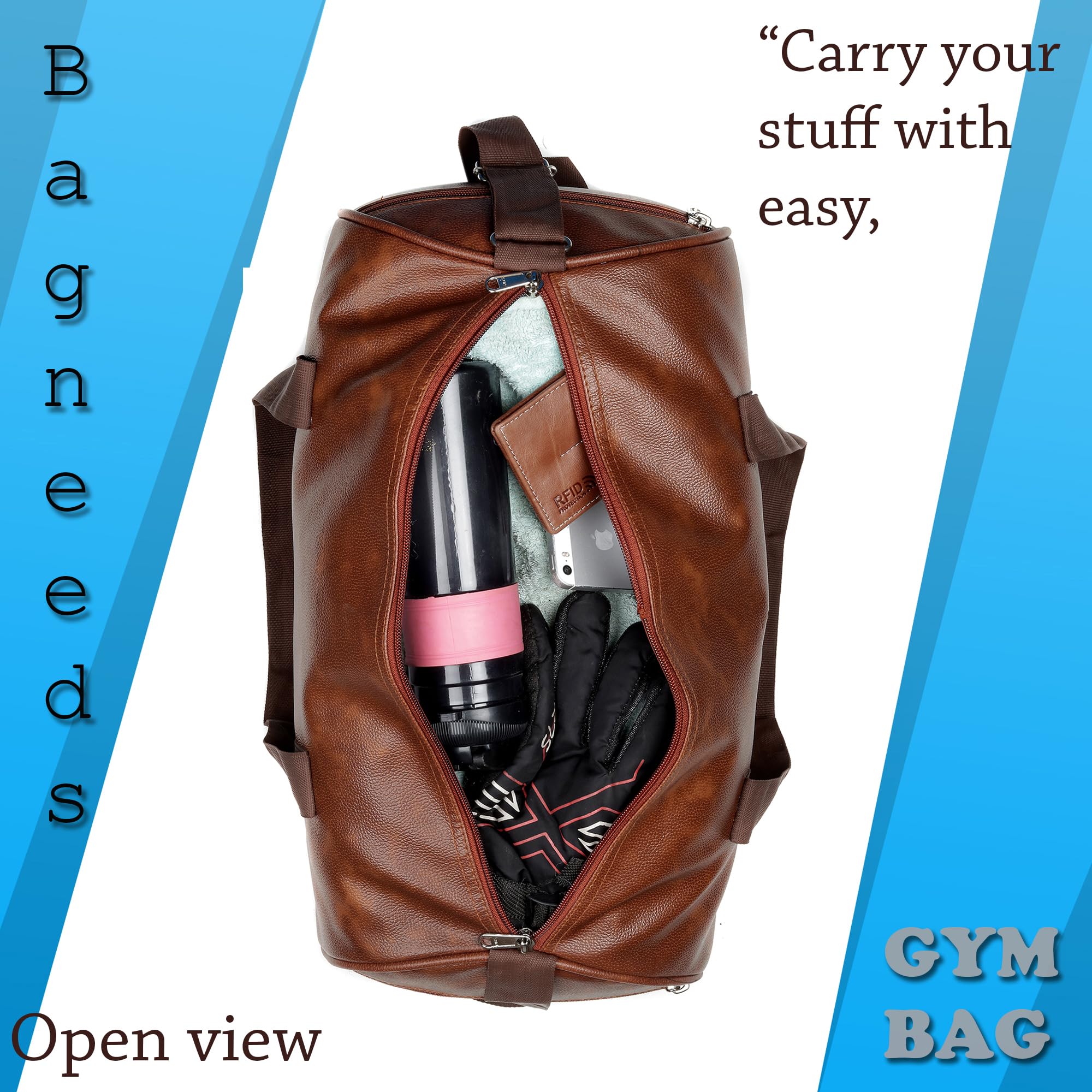 Bagneeds® Stylish Faux Leather Gym Bag for Men & Women, Multipurpose Travel Duffle with Strong Zippers and Dual Carry Handles 3