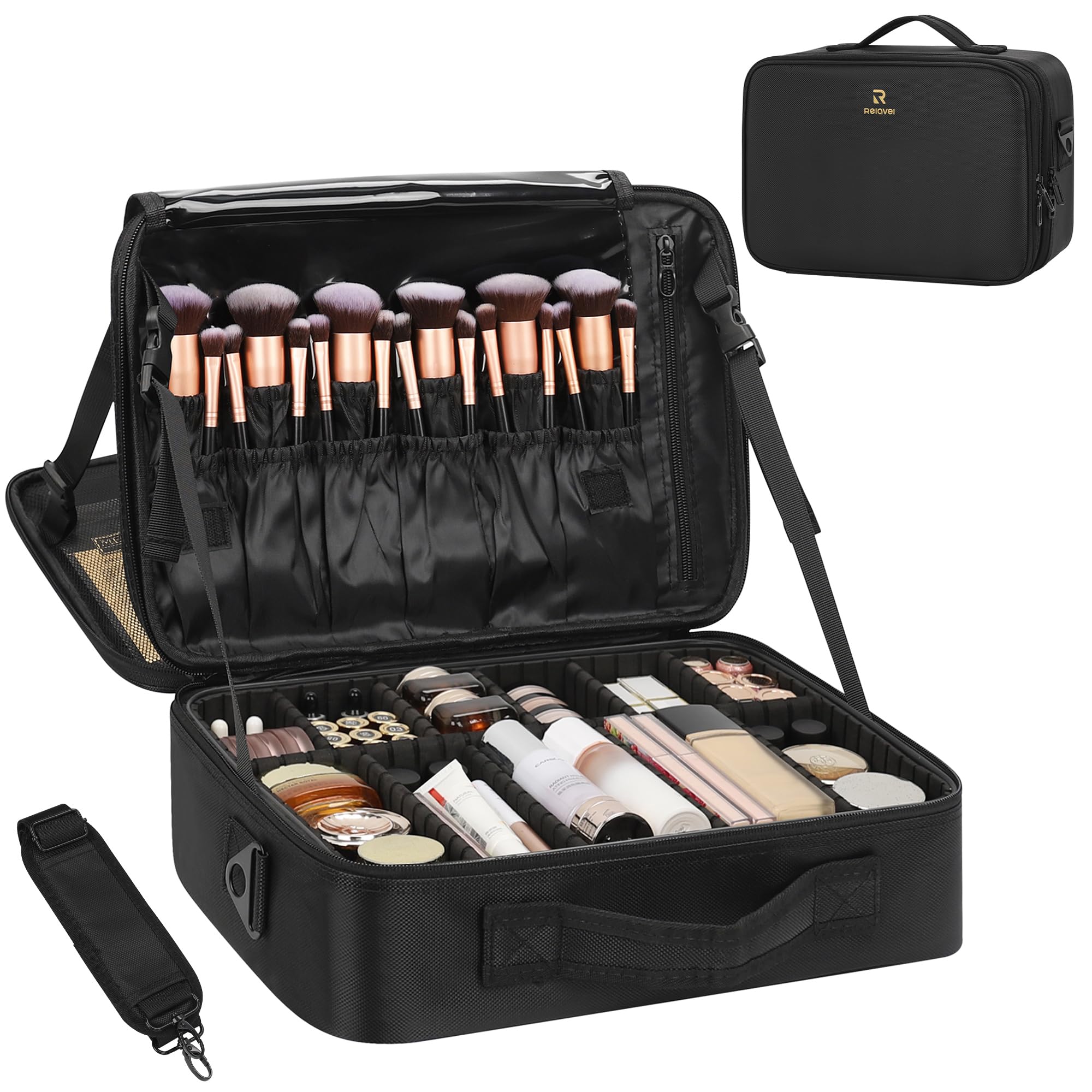 Relavel Travel Makeup Train Case Cosmetic Case Organizer Portable Artist Storage Bag with Adjustable Dividers for Cosmetics Makeup Brushes Toiletry Jewelry Digital Accessories
