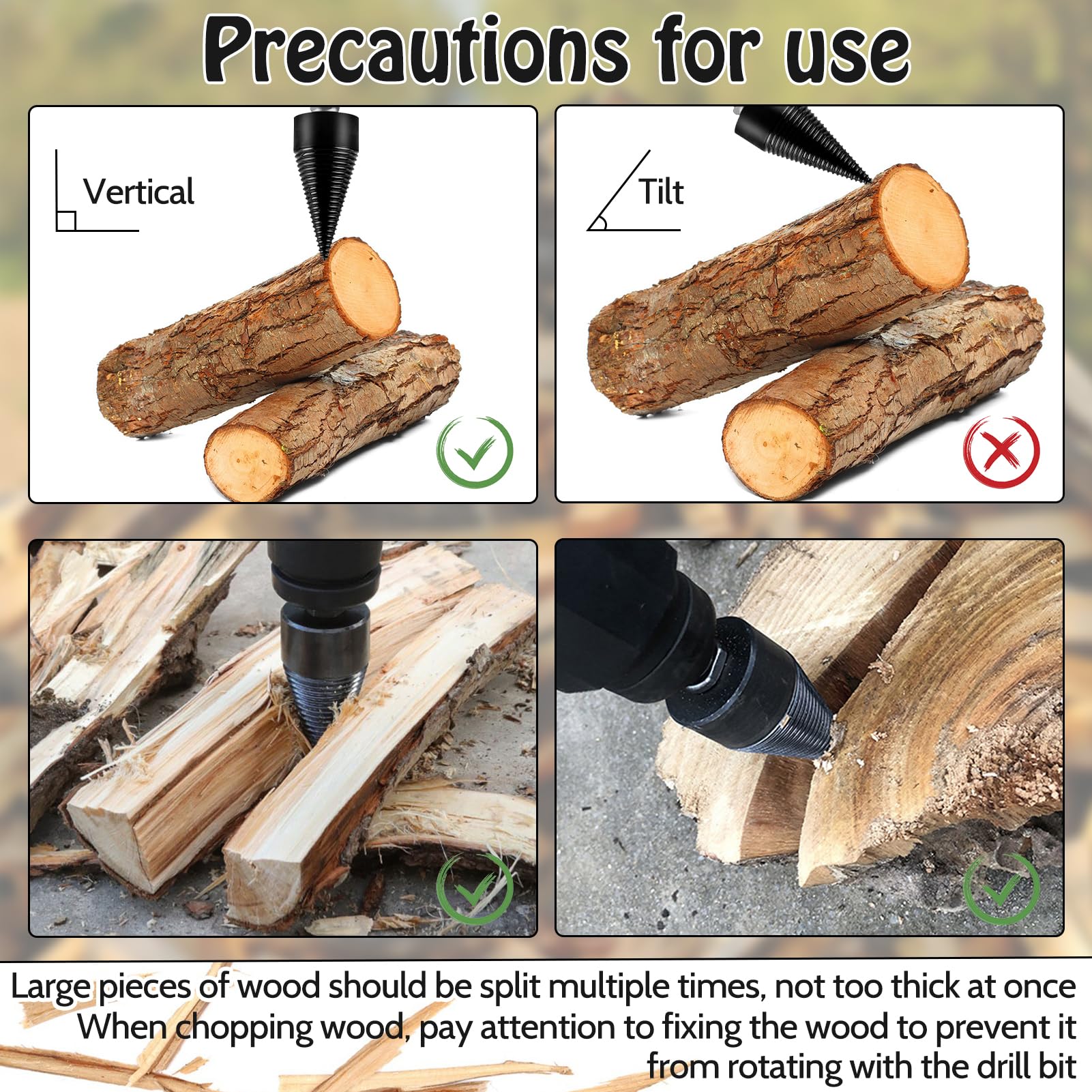Holzspalter bohrer, 42mm + 32mm mit 4 Bohrgriffe, Holzspalter Schraube Kegel, Bohrkegel Holzspalter, holz spalten, kegelspalter bohrmaschine, Präzises & schnelles Spalter für Holz Kegelspalter