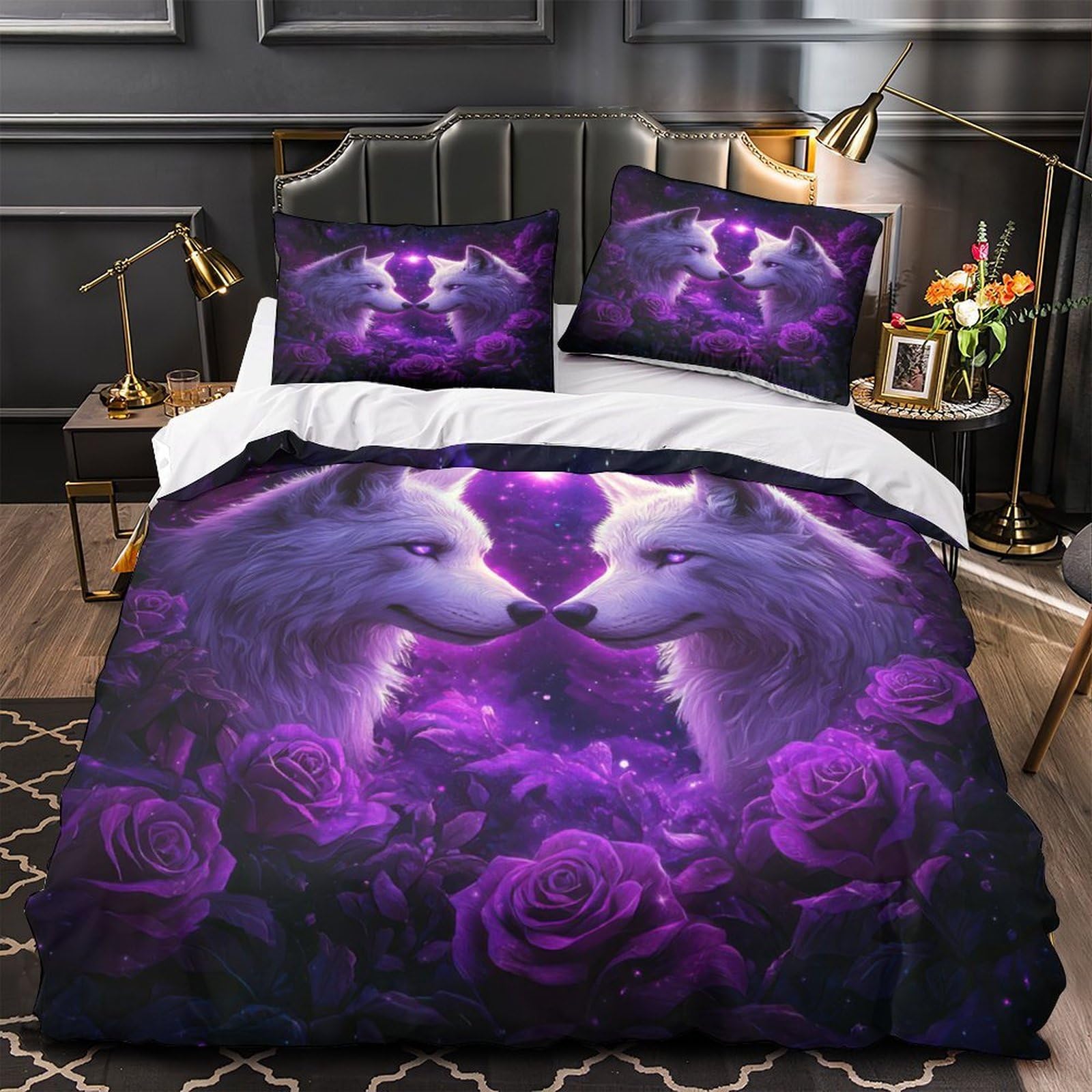 Parure de lit loup violet 140x200cm en microfibre haute densité