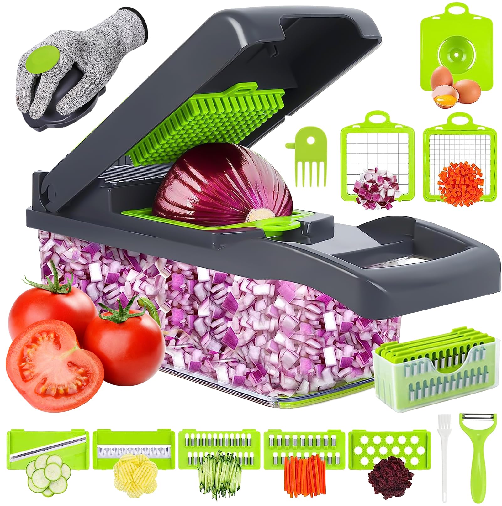 Vegetable Chopper, 18-in-1 Mandoline Slicer – Multifunction Food Cutter with 7 Interchangeable Blades, Safety Glove, Peeler & Cleaning Brush for Vegetables and Fruits (Light Grey)