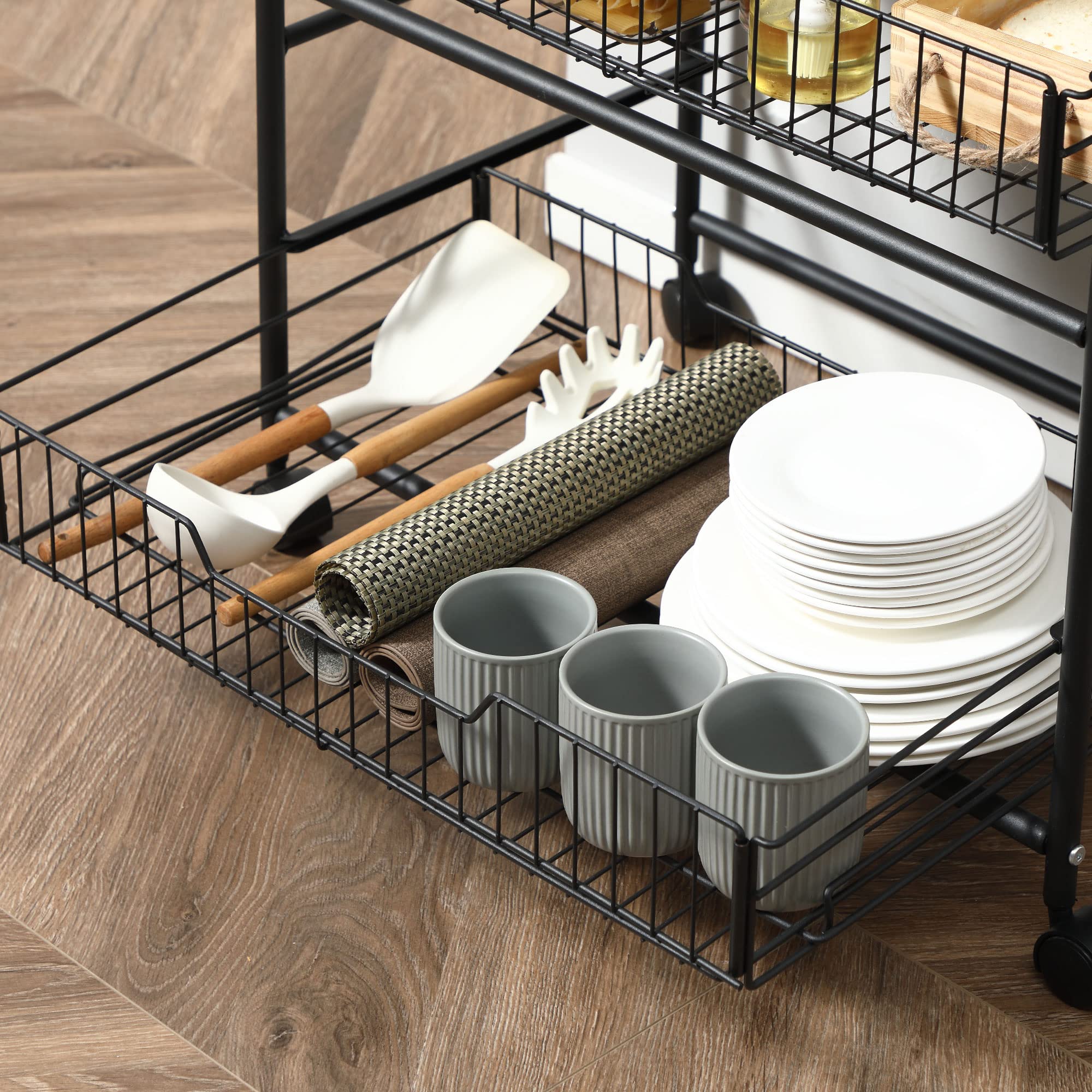 HOMCOM Carrello da Cucina Portavivande Stile Industriale con 4 Ruote, 2 Cestini e 4 Ganci, 60x38x85.5cm, Marrone Nero