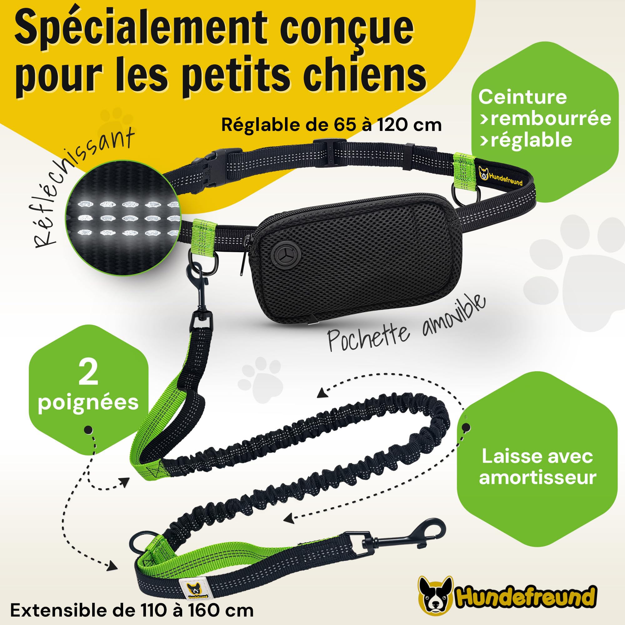 Hundefreund Laisse Mains Libres pour Petit Chien jusqu'à 15 kg – Laisse Bungee Élastique 110-160 cm pour Canicross, Course à Pied & Jogging, Ceinture Réglable 65–120 cm avec Pochette