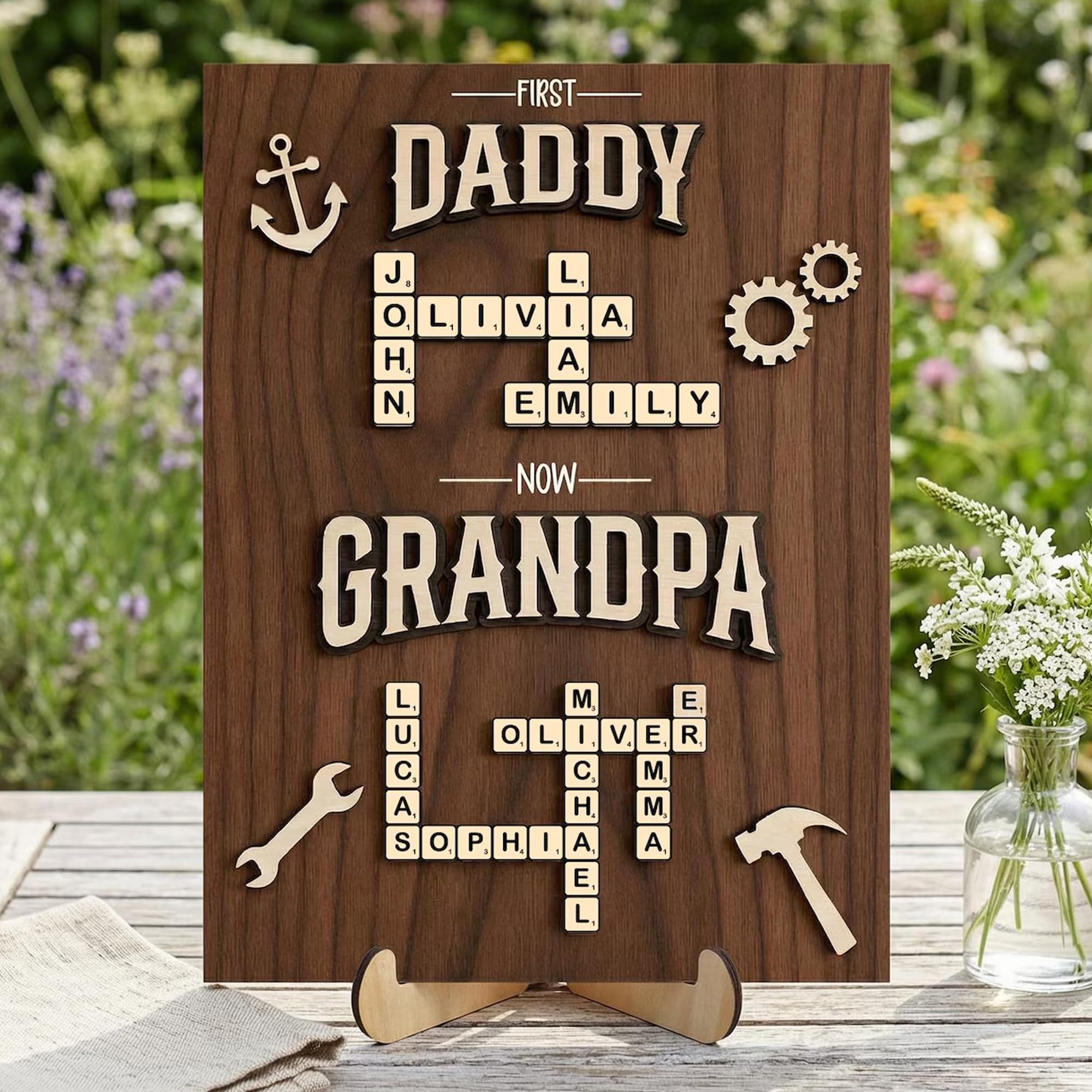 Personalized Family Scrabble Name Sign, First Dad Now Grandpa Gifts for Fathers Day from Son Daughter, Custom Crossword Tiles Letter Puzzle Plaque With Kids Name, Birthday Gift for Dad, Papa