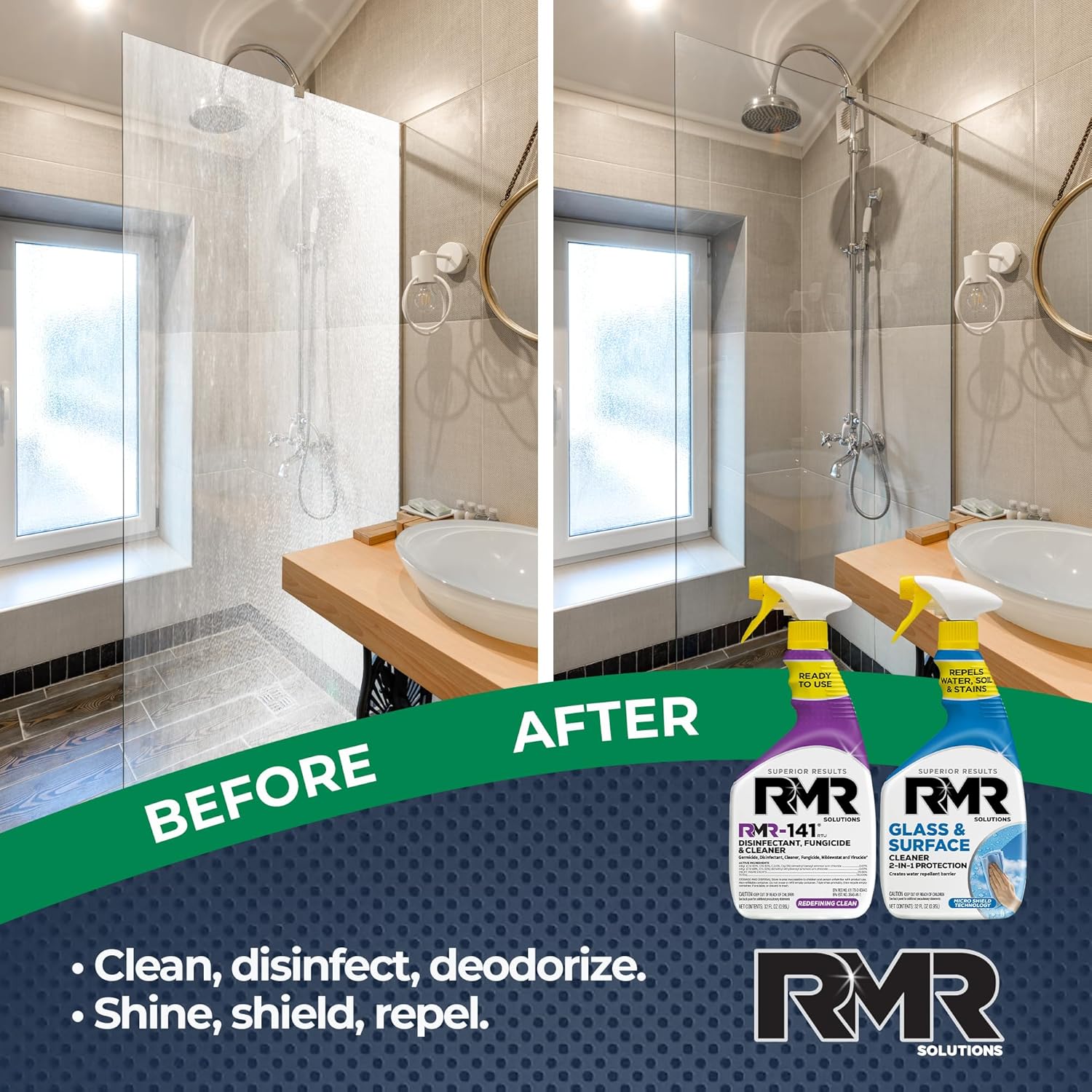 RMR Defend & Detail Duo – RMR-141 EPA Registered Mold & Mildew Spray + Glass & Surface Cleaner/Repellent, 2-Step Clean & Protect System for Glass, Tile, Bathrooms, Surfaces, 2–32 Oz Bottles