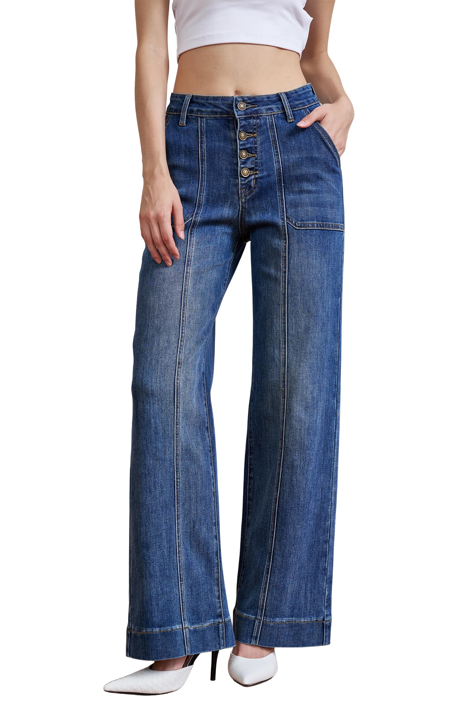 Menbnua Women's Straight Leg Dad Jeans Seamed Front Stretchy Tummy Control Wide Leg Baggy Pocket Denim Pants