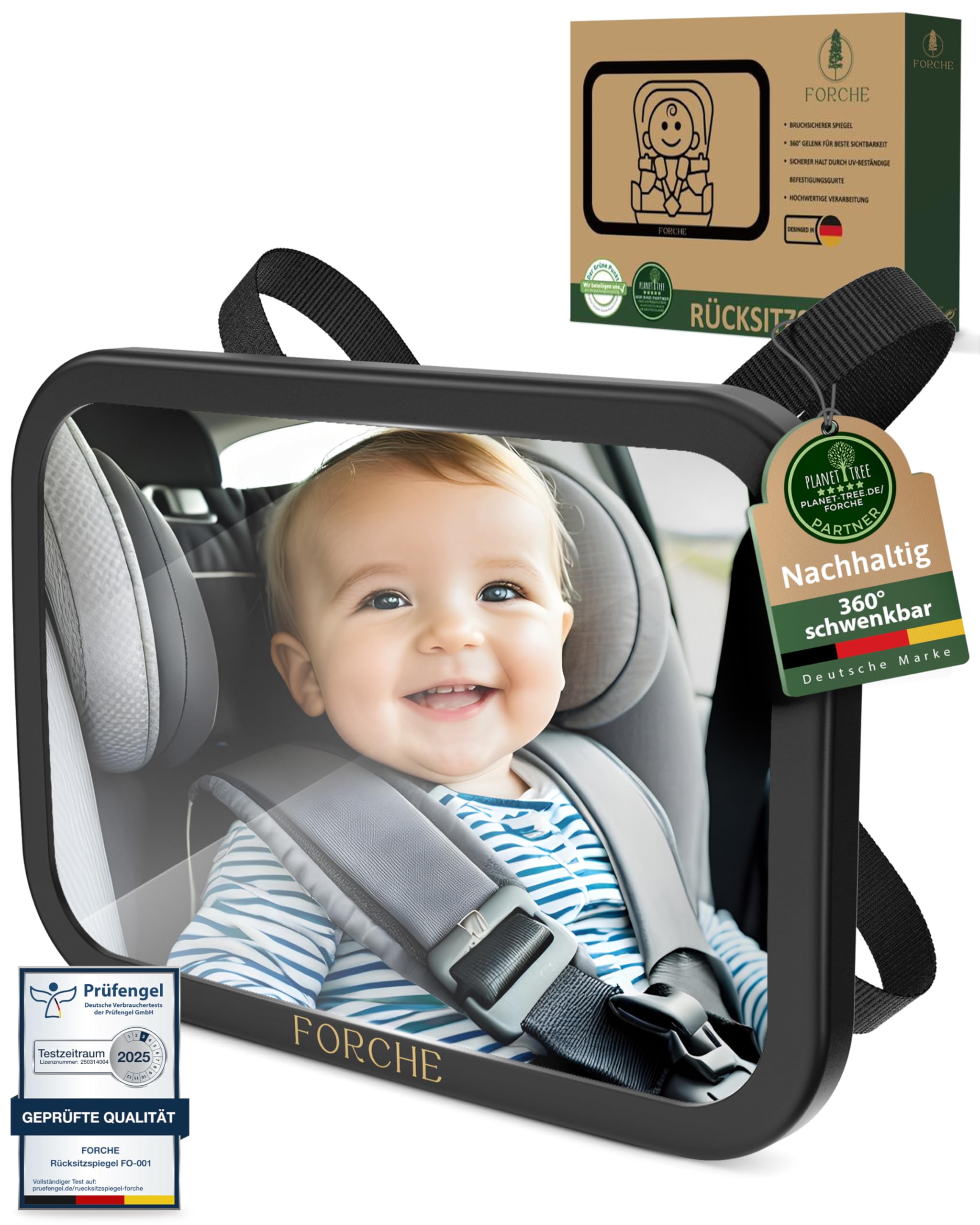 FORCHE® Rücksitzspiegel für Babys aus bruchsicherem Material, Babyspiegel für Kindersitz und Reboarder Babyschale, 360° schwenkbar, Kinder Autospiegel in optimaler Größe, Spiegel ready to use
